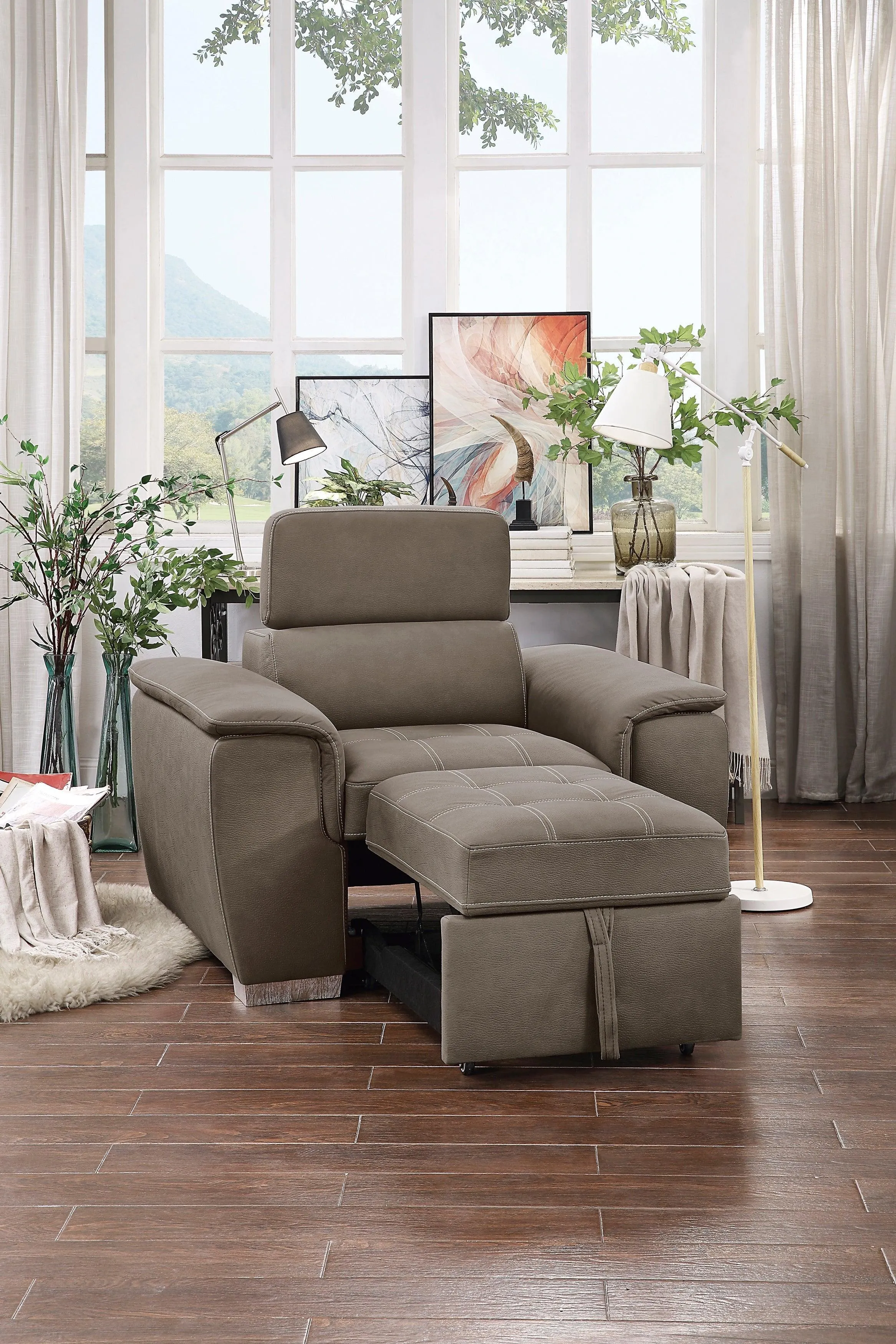 Ferriday Taupe Chair with Pull-out Ottoman - Image 2