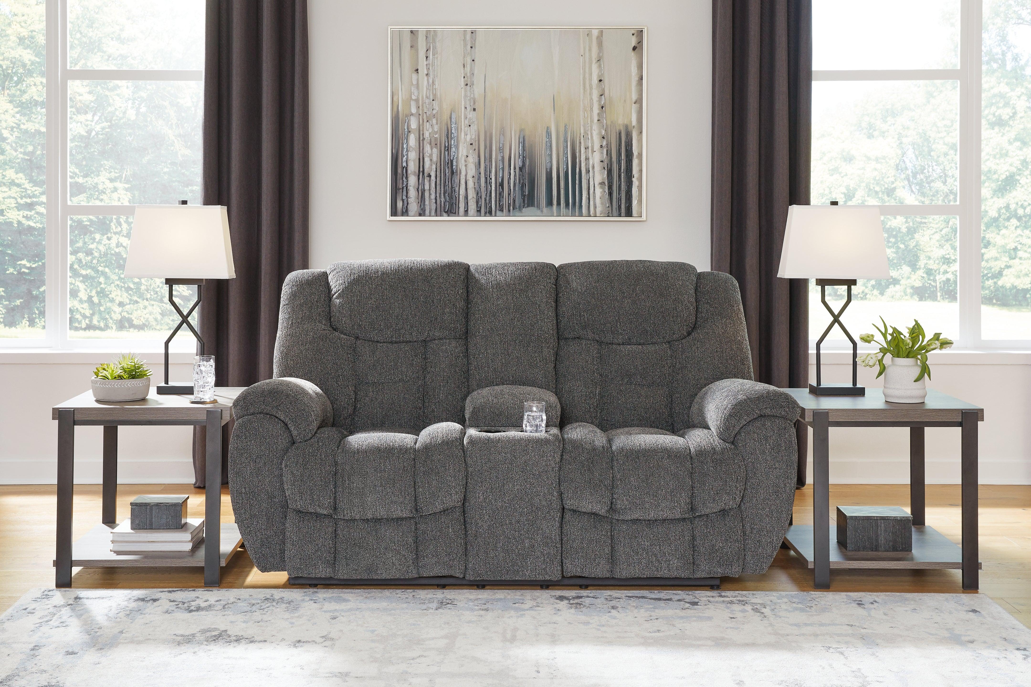 Foreside Charcoal Performance Fabric Manual Loveseat with Console