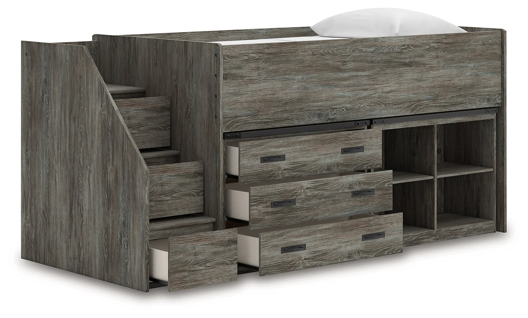 Frandern Gray Twin Loft Bed with Bookcase and Drawer Storage - Image 4