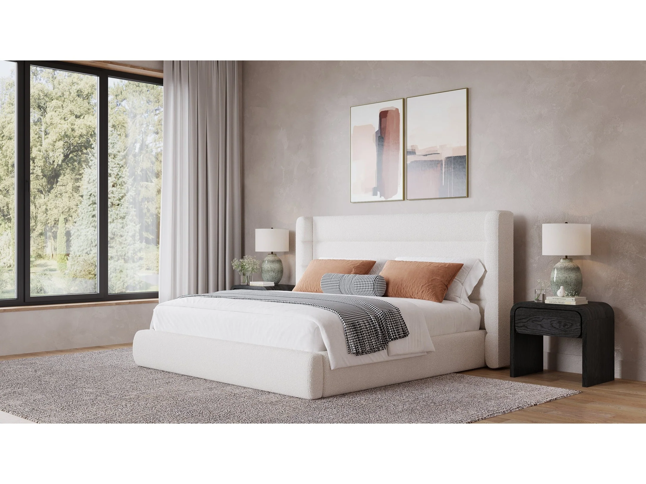 Frank Upholstered Full Wingback Platform Bed in Cottage Cheese Boucle
