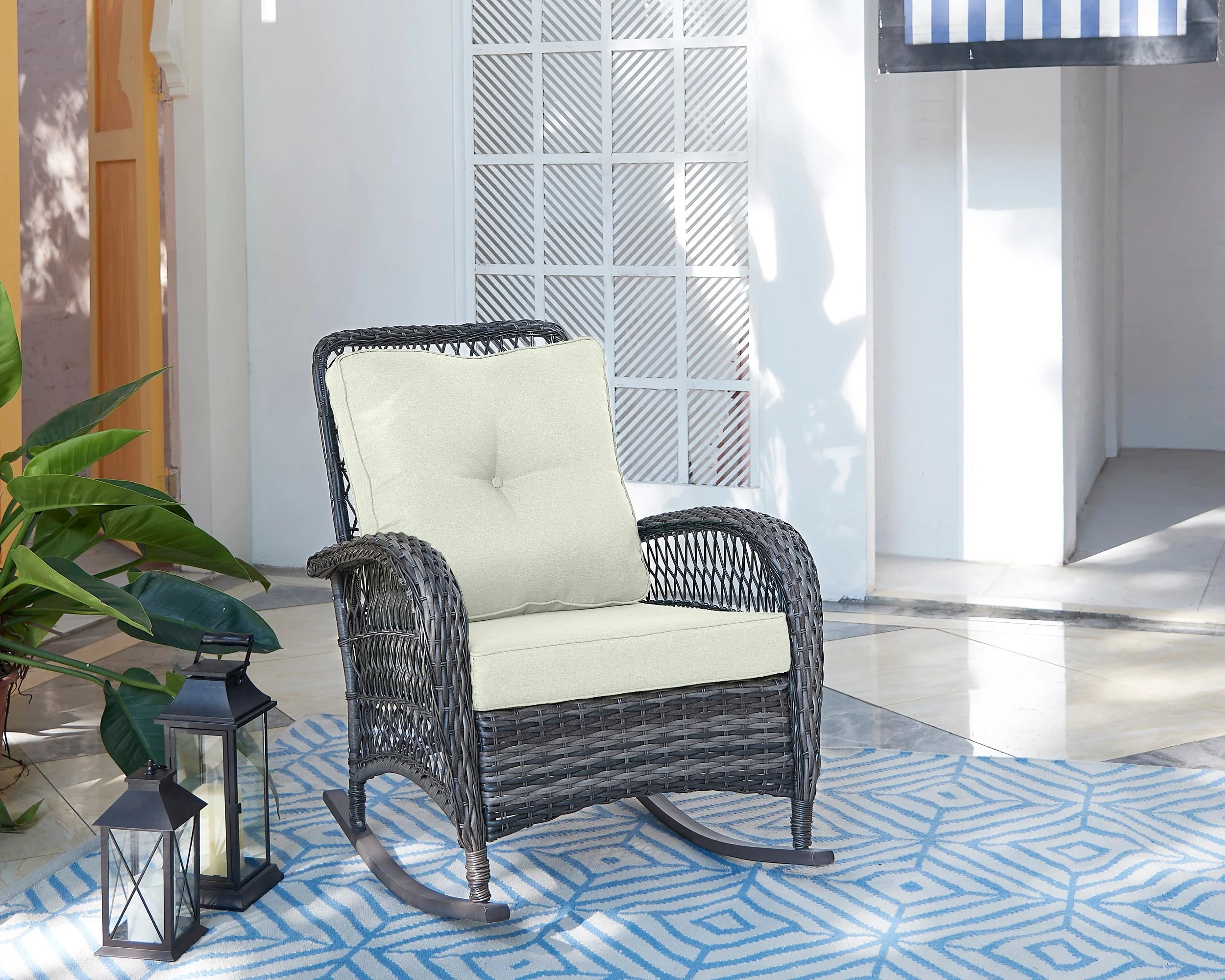 Fruttuo Patio Rocking Chair with Cream Cushions - Image 2