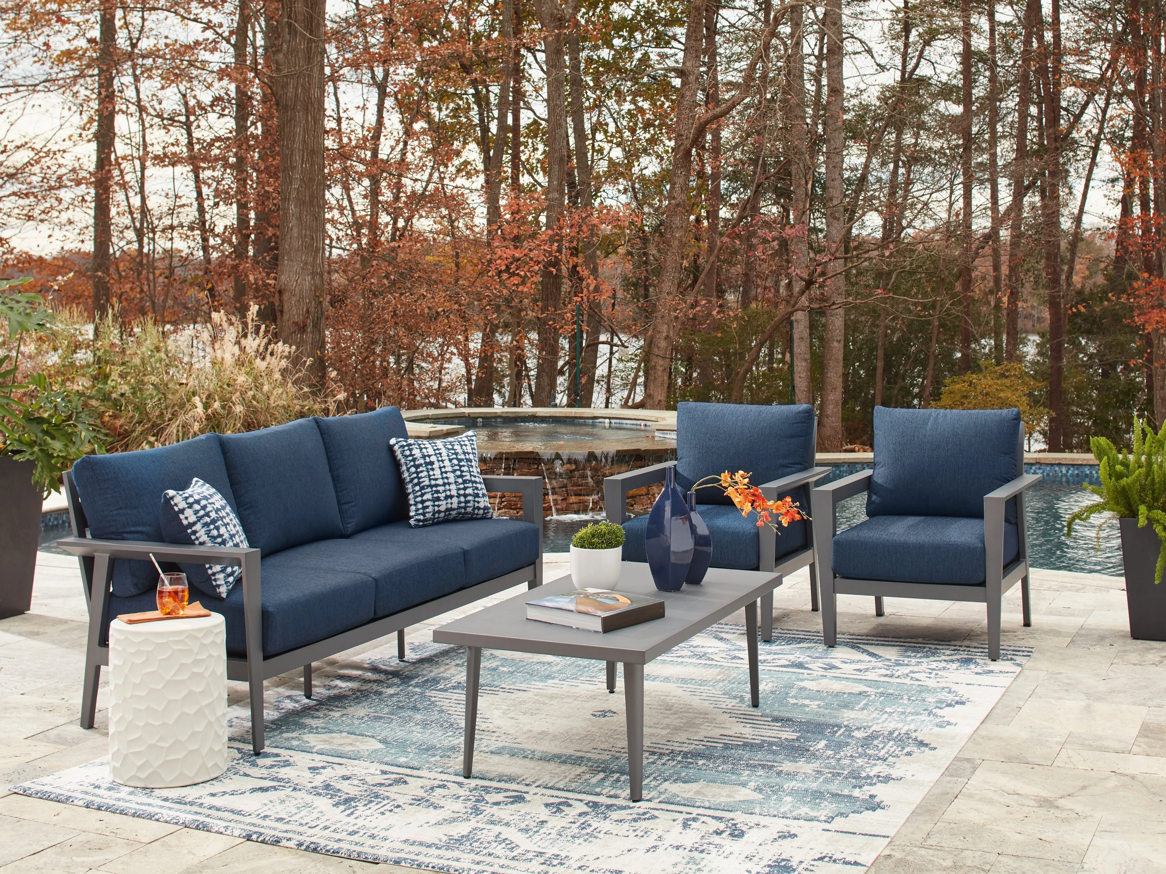 Gali Gray/Blue Outdoor Sofa/Chairs/Table Set (Set of 4) - Image 4