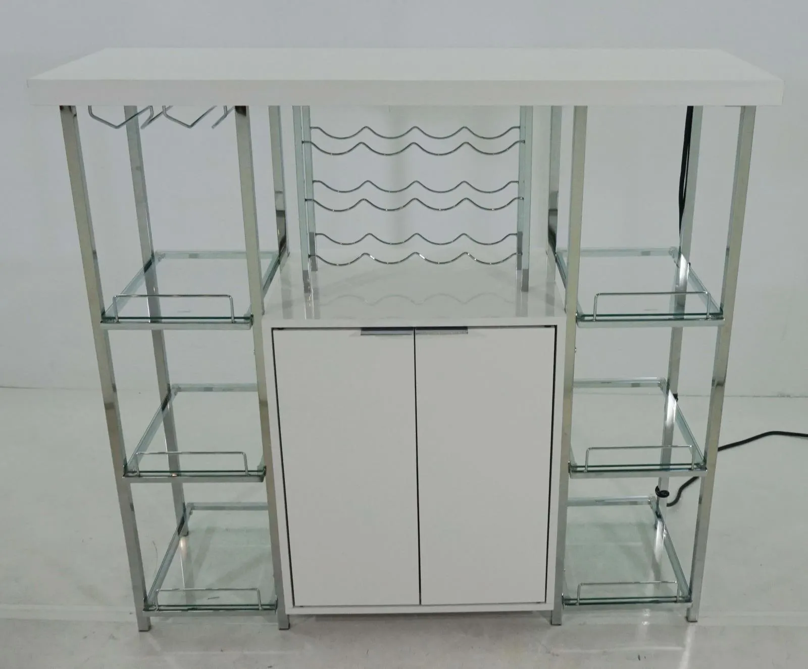 Gallimore High Glossy White/Chrome 2-Door Bar Cabinet with Glass Shelf - Image 3