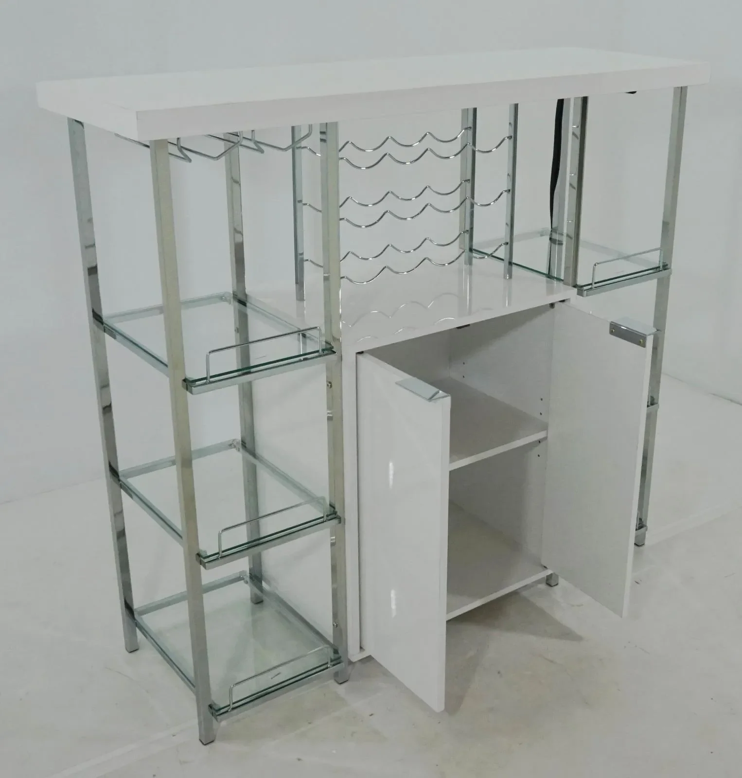 Gallimore High Glossy White/Chrome 2-Door Bar Cabinet with Glass Shelf - Image 4
