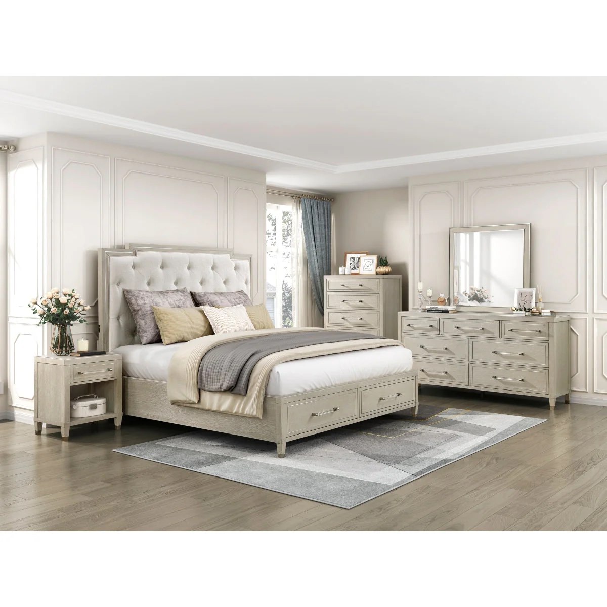 Genoa Light Oak Queen Upholstered Storage Platform Bed - Image 2
