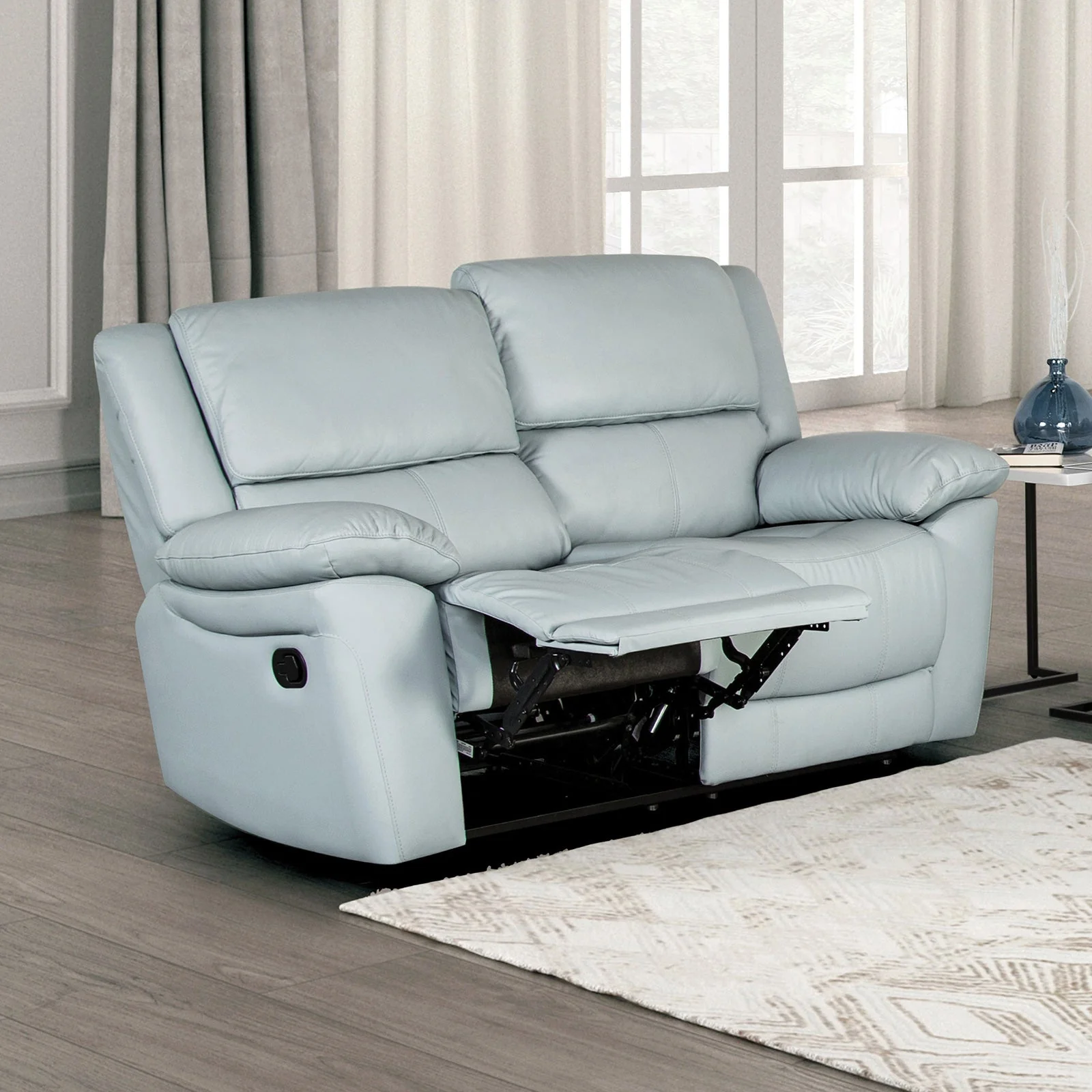 Glarus Powder Blue Leather Match Reclining Living Room Set - Image 3