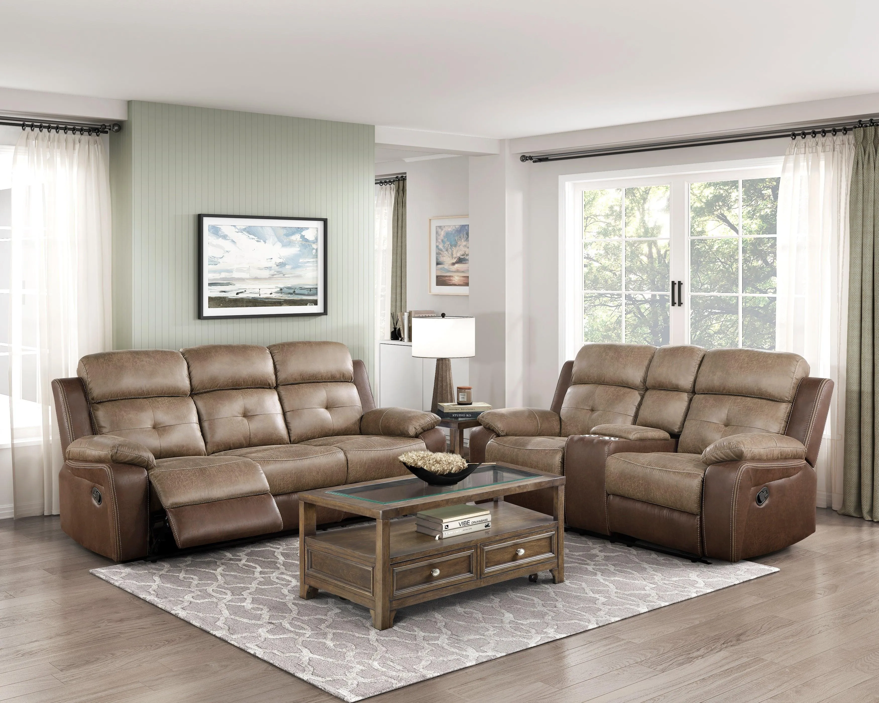 Glendale Brown Microfiber Double Glider Reclining Loveseat with Center Console - Image 2