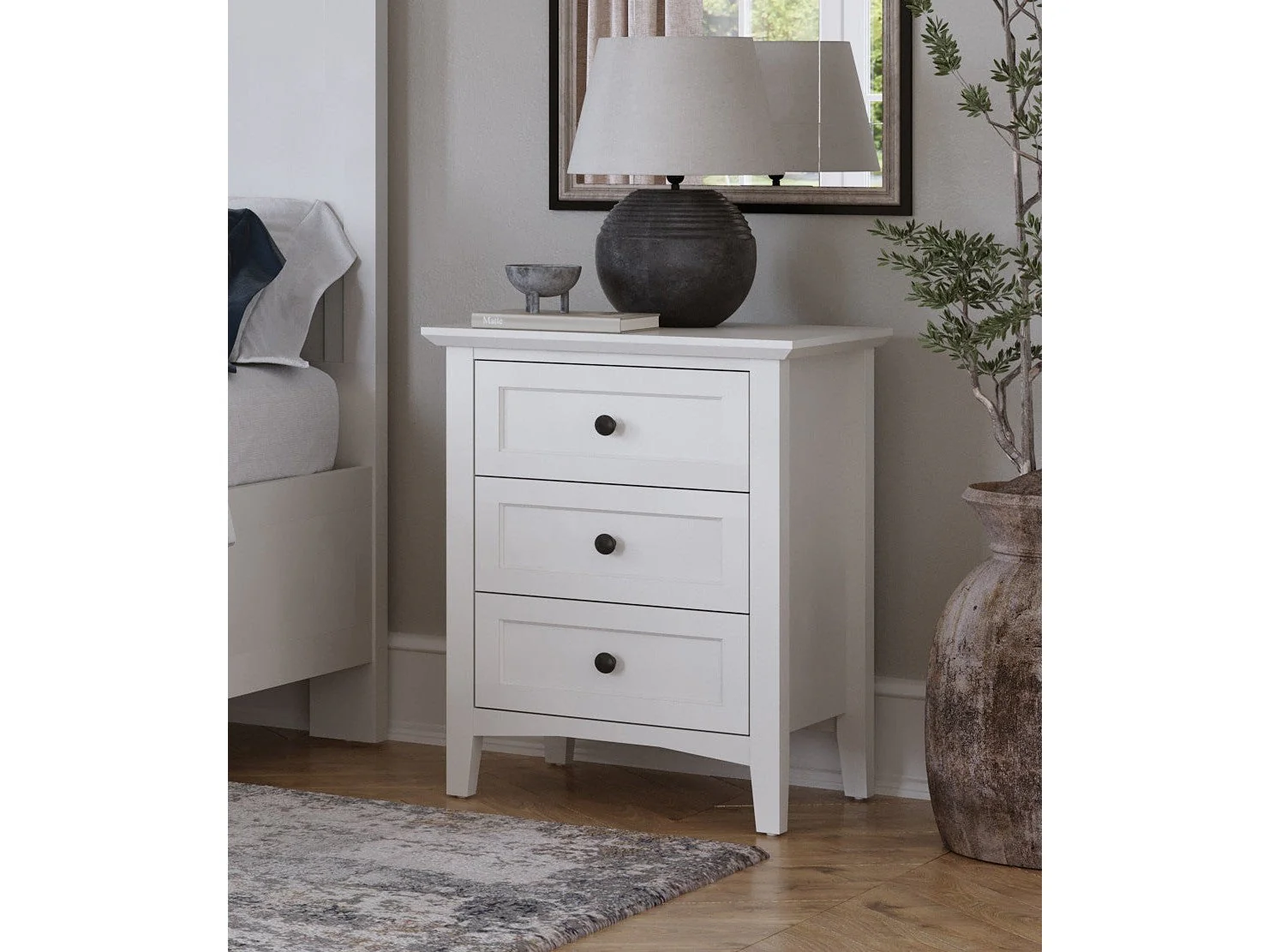 Grace Three Drawer Nightstand in Snowfall White