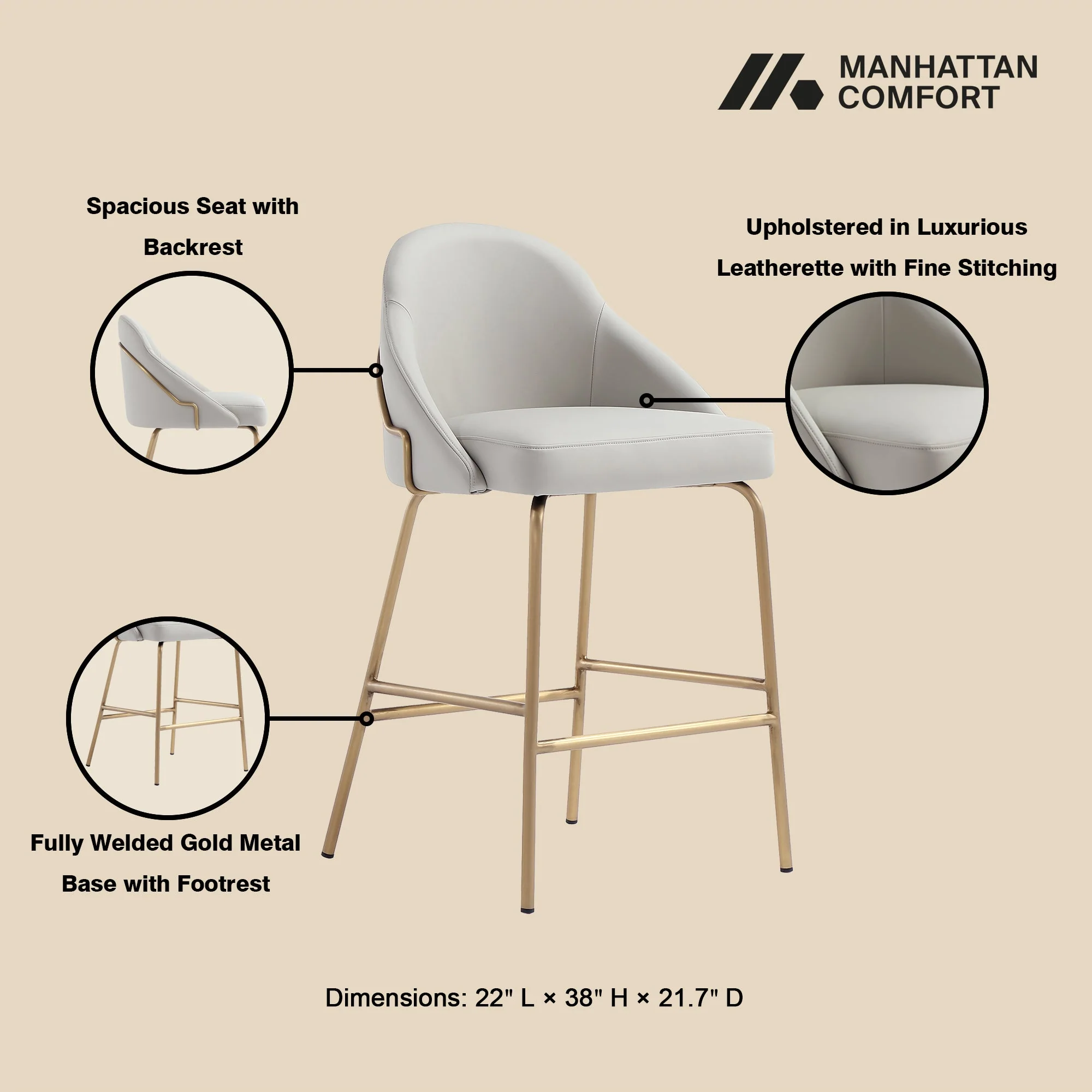 Gracie Counter Stool in Stone and Gold (set of 2) - Image 4