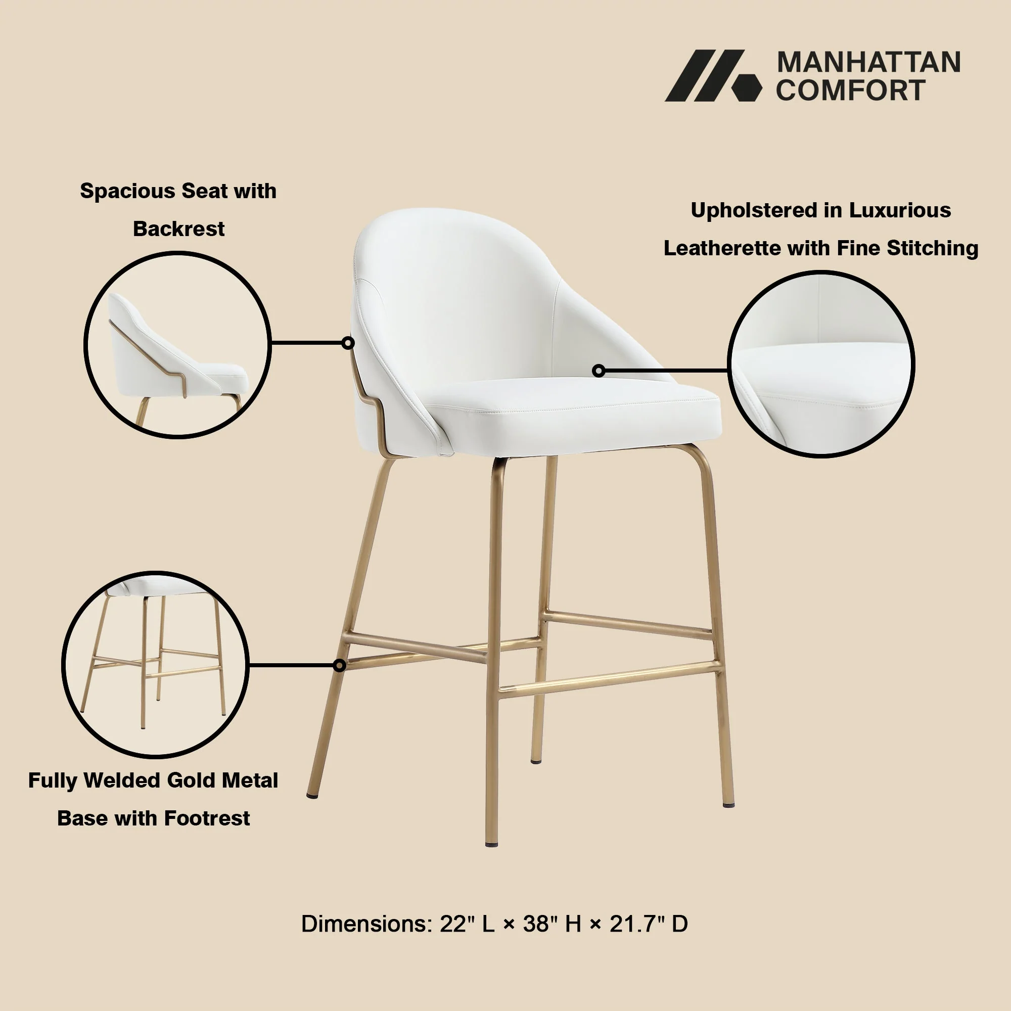 Gracie Counter Stool in White and Gold - Image 4