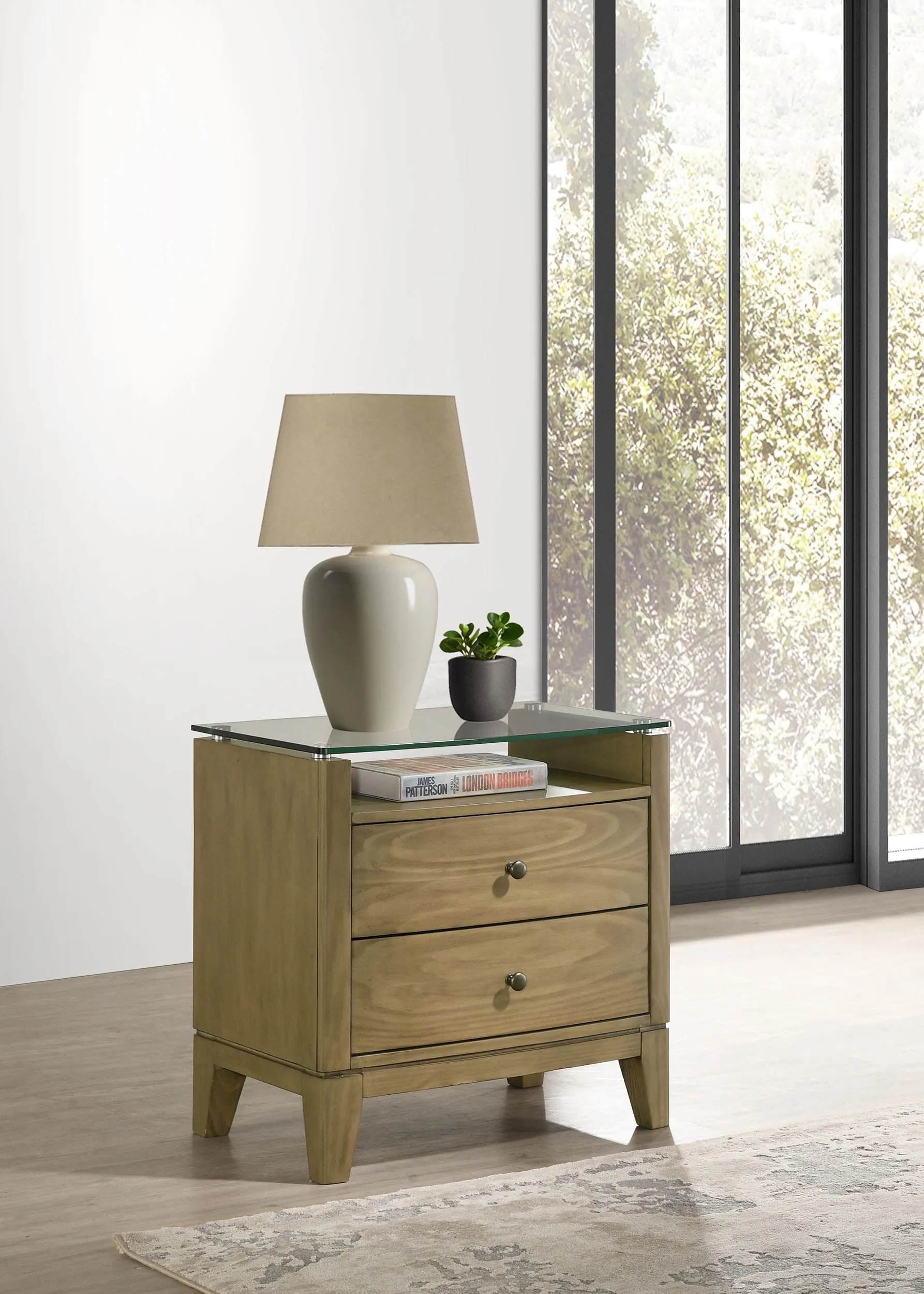 Granada Natural Pine 2-drawer Glass Top Nightstand