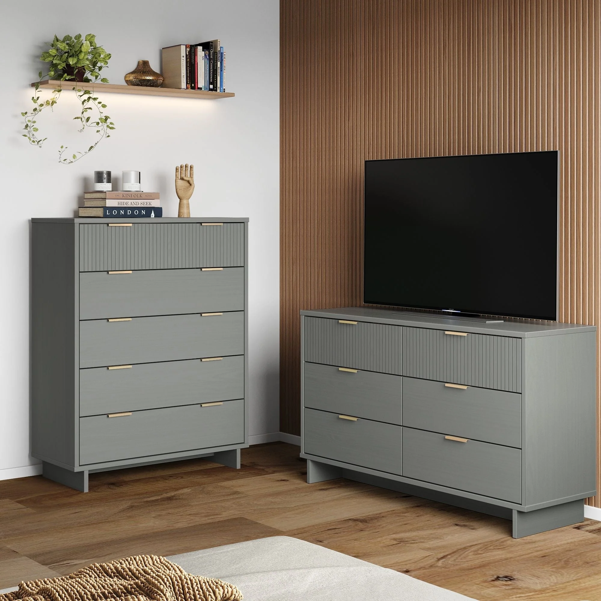 Granville 2-Piece Tall Chest and Double Dresser Set in Light Grey - Image 2