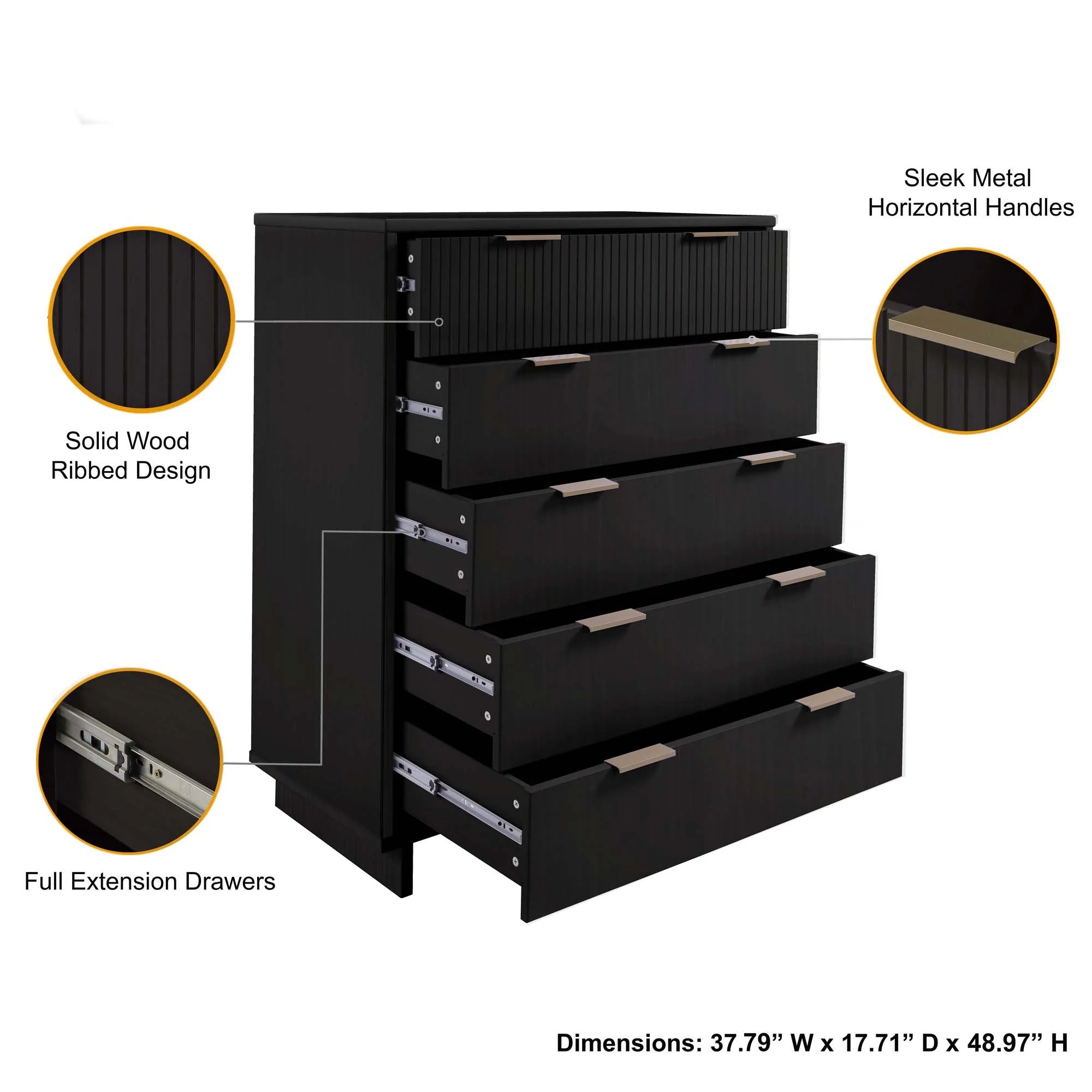 Granville 2-Piece Tall Chest and Standard Dresser Set in Black - Image 6