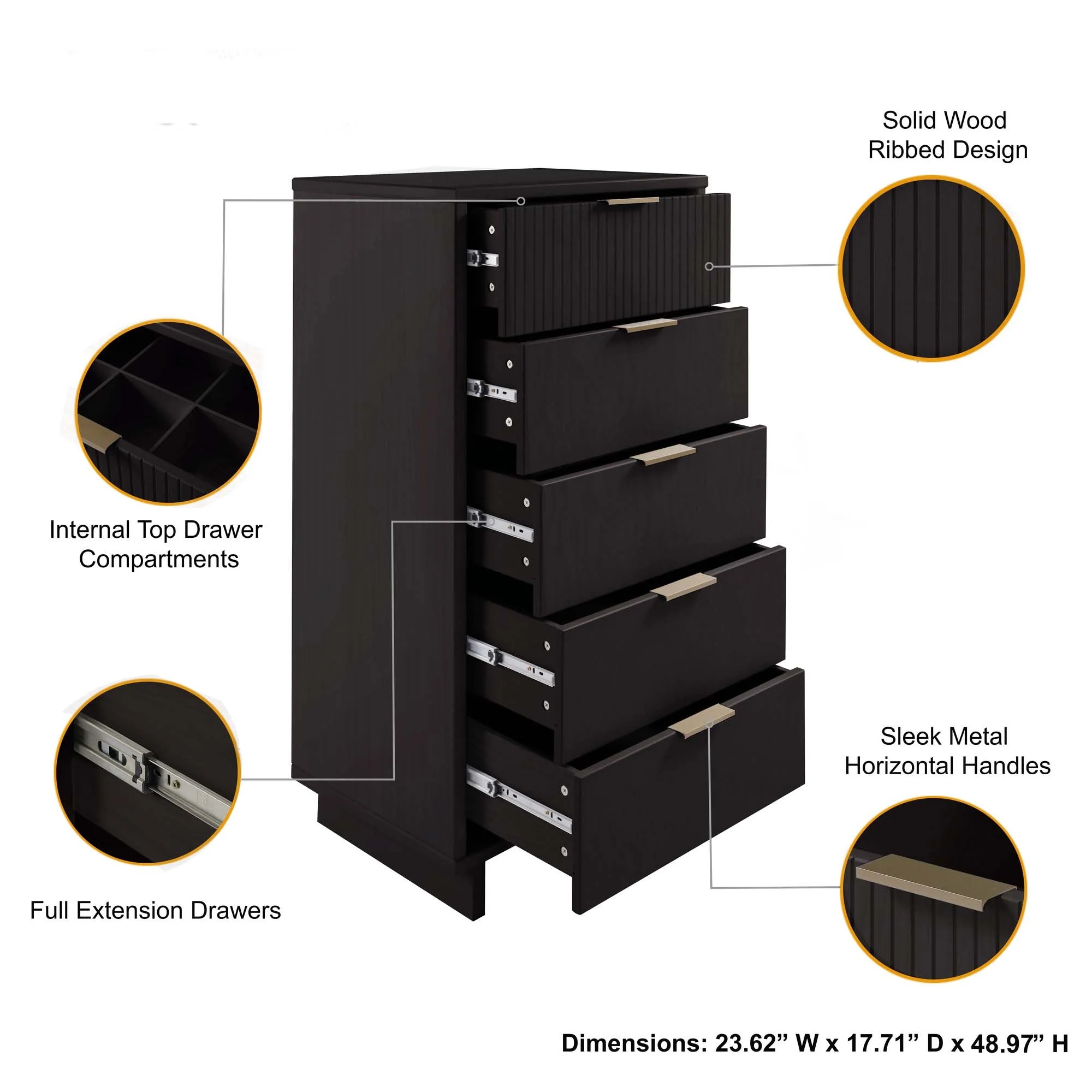 Granville 2-Piece Tall Narrow and Standard Dresser Set in Black - Image 5