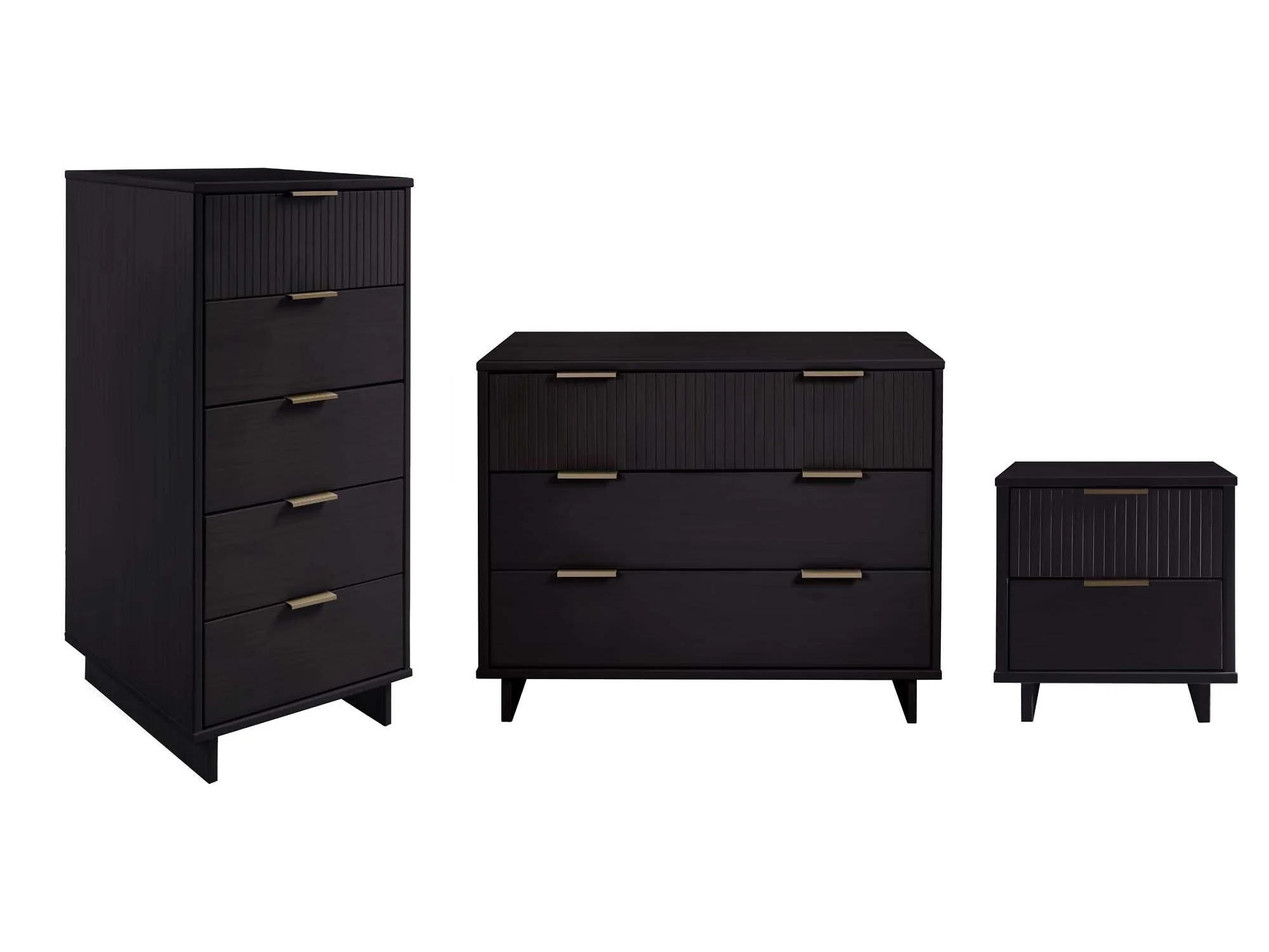 Granville 3-Piece Standard Dresser, Tall Narrow Chest and Nightstand Set in Black