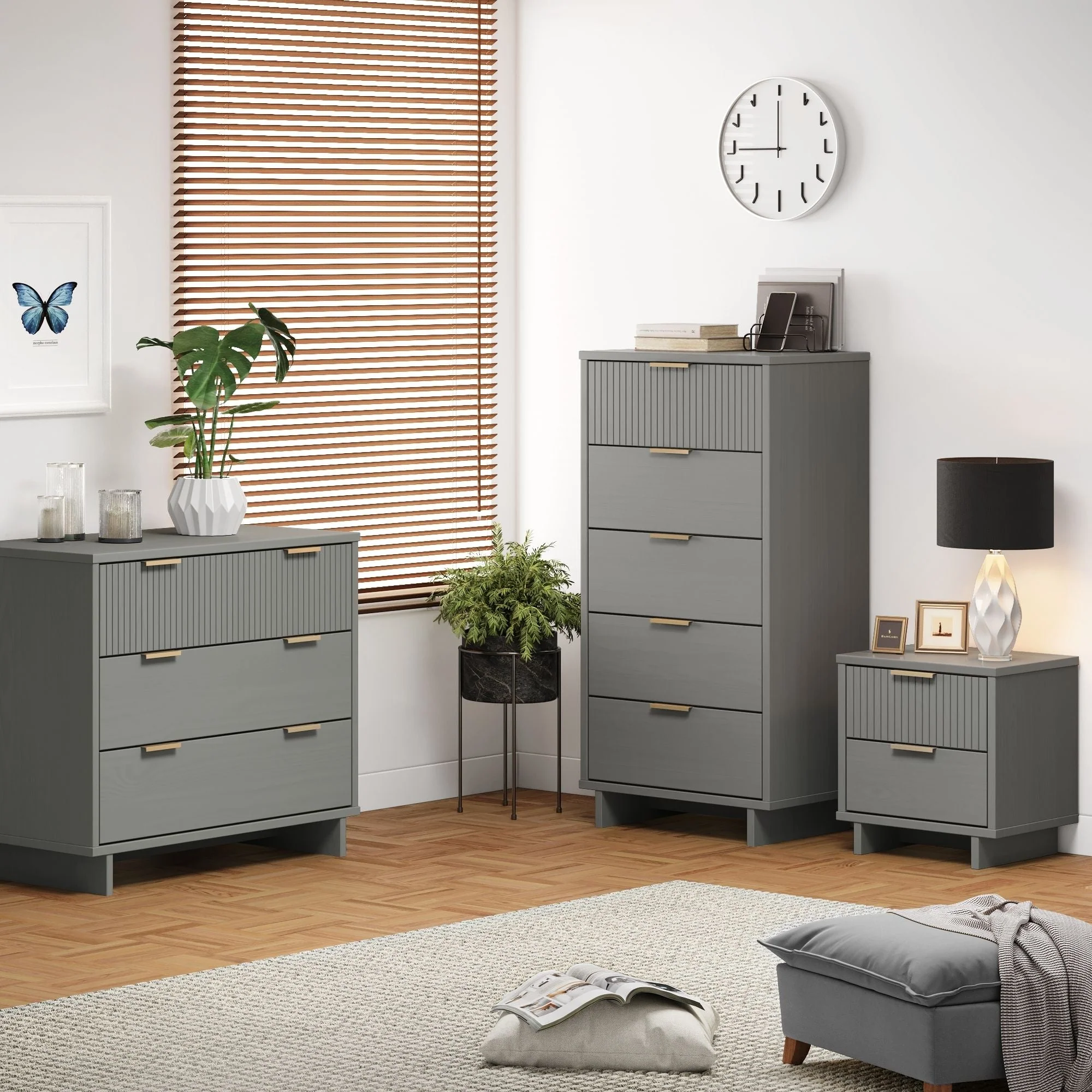 Granville 3-Piece Standard Dresser, Tall Narrow Chest and Nightstand Set in Light Grey - Image 2