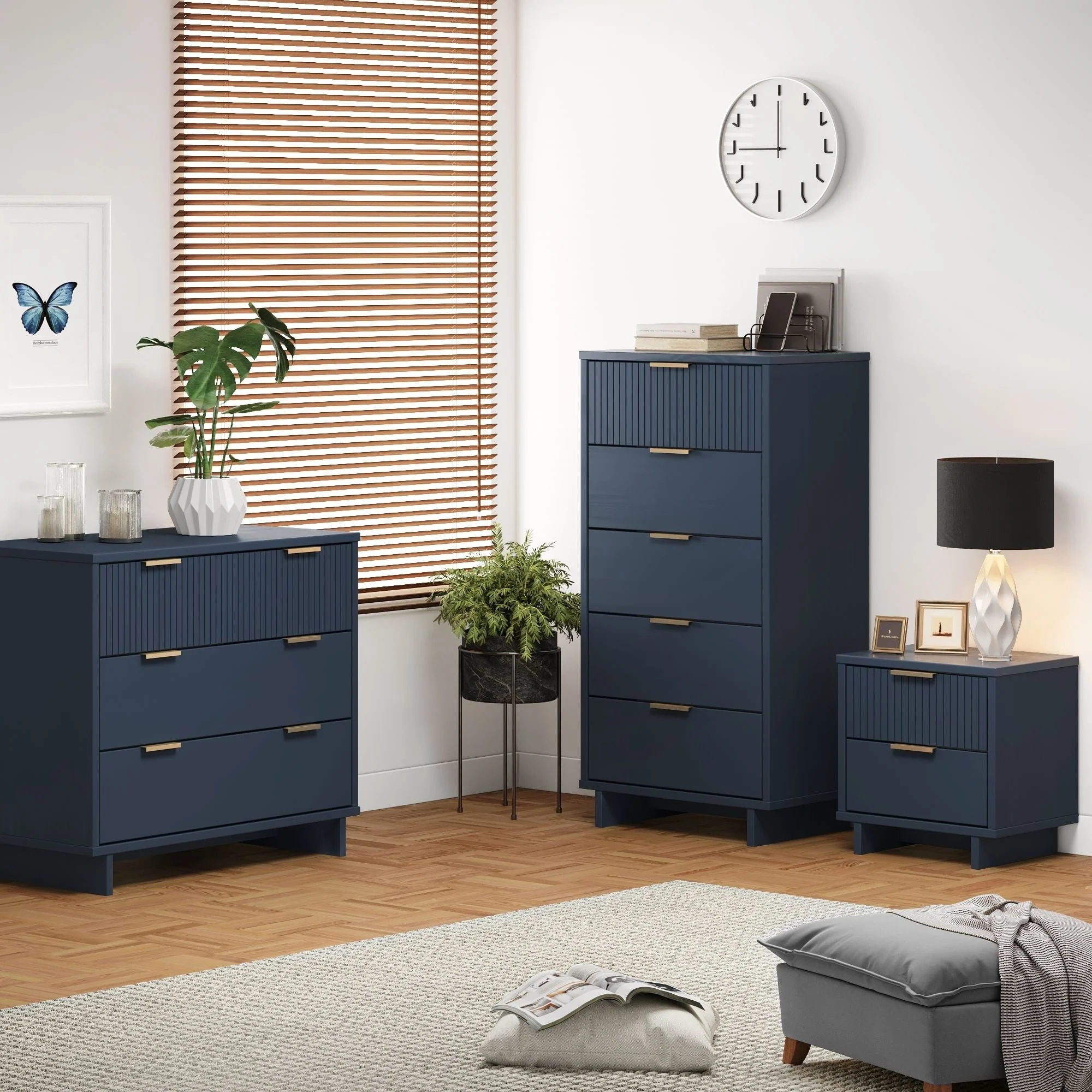 Granville 3-Piece Standard Dresser, Tall Narrow Chest and Nightstand Set in Midnight Blue - Image 2