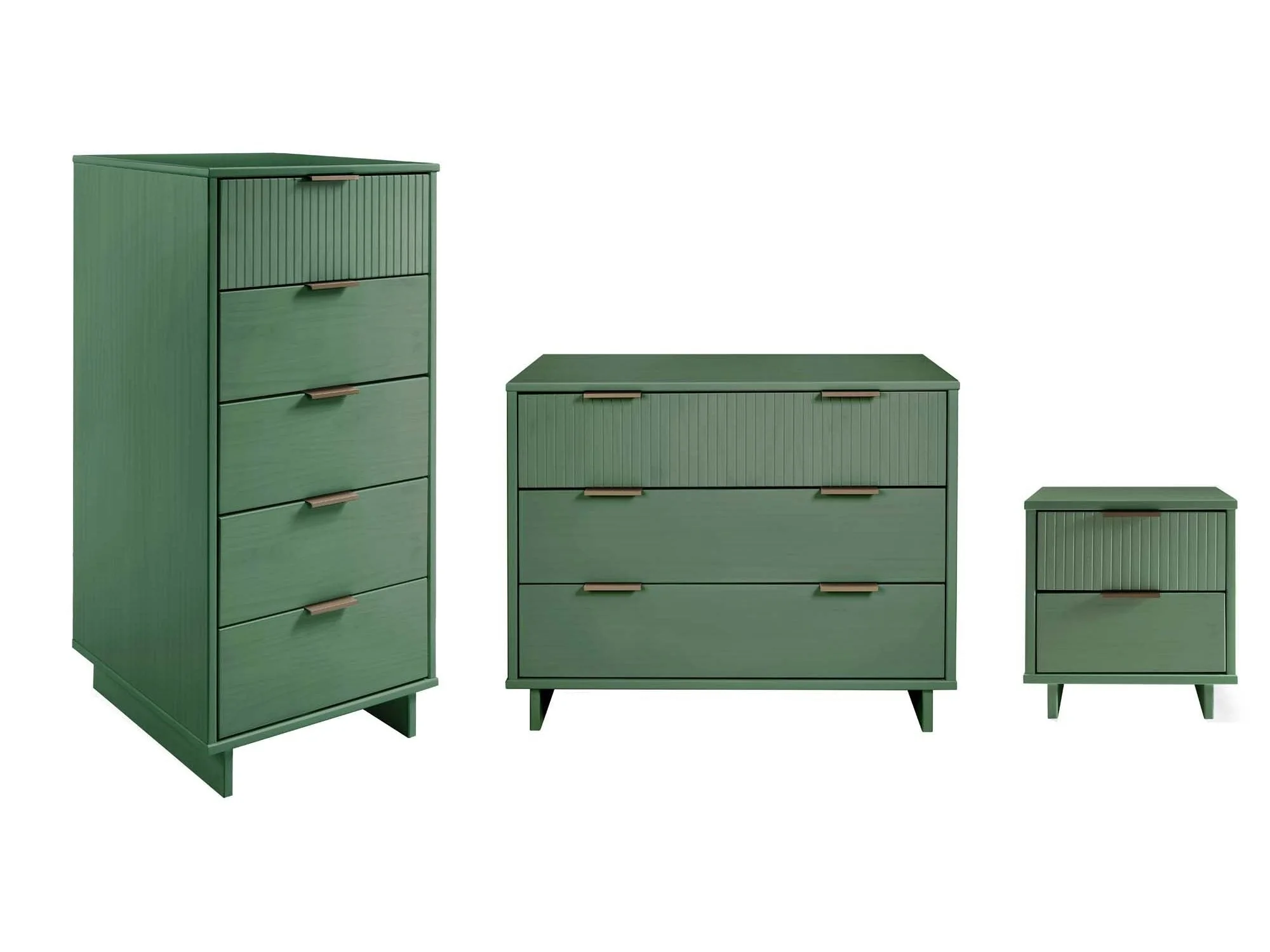 Granville 3-Piece Standard Dresser, Tall Narrow Chest and Nightstand Set in Sage Green
