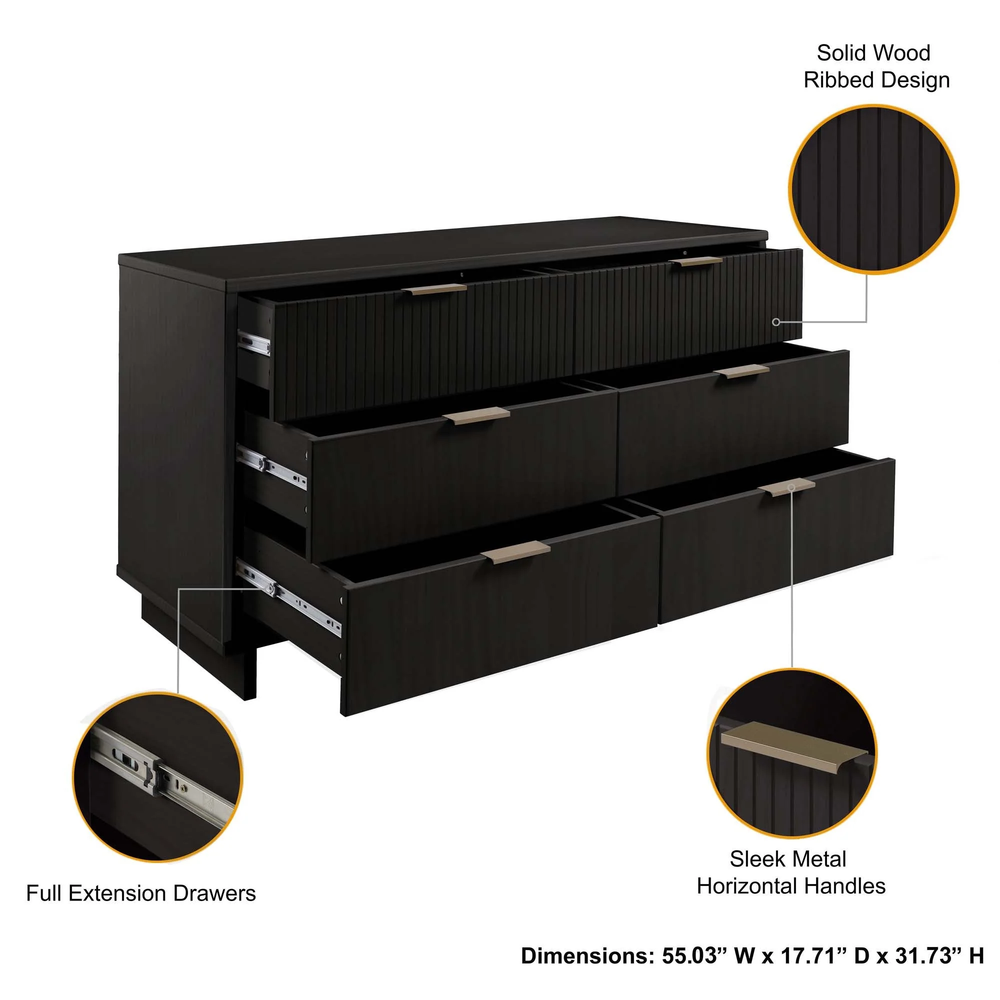 Granville 3-Piece Tall Narrow Chest, Double Dresser and Nightstand Set in Black - Image 7