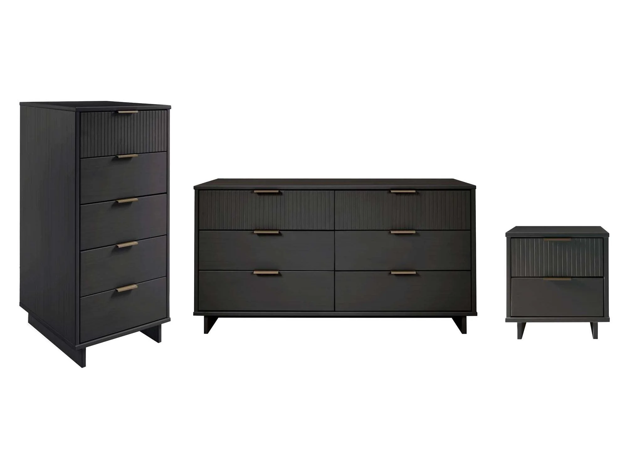 Granville 3-Piece Tall Narrow Chest, Double Dresser and Nightstand Set in Dark Grey