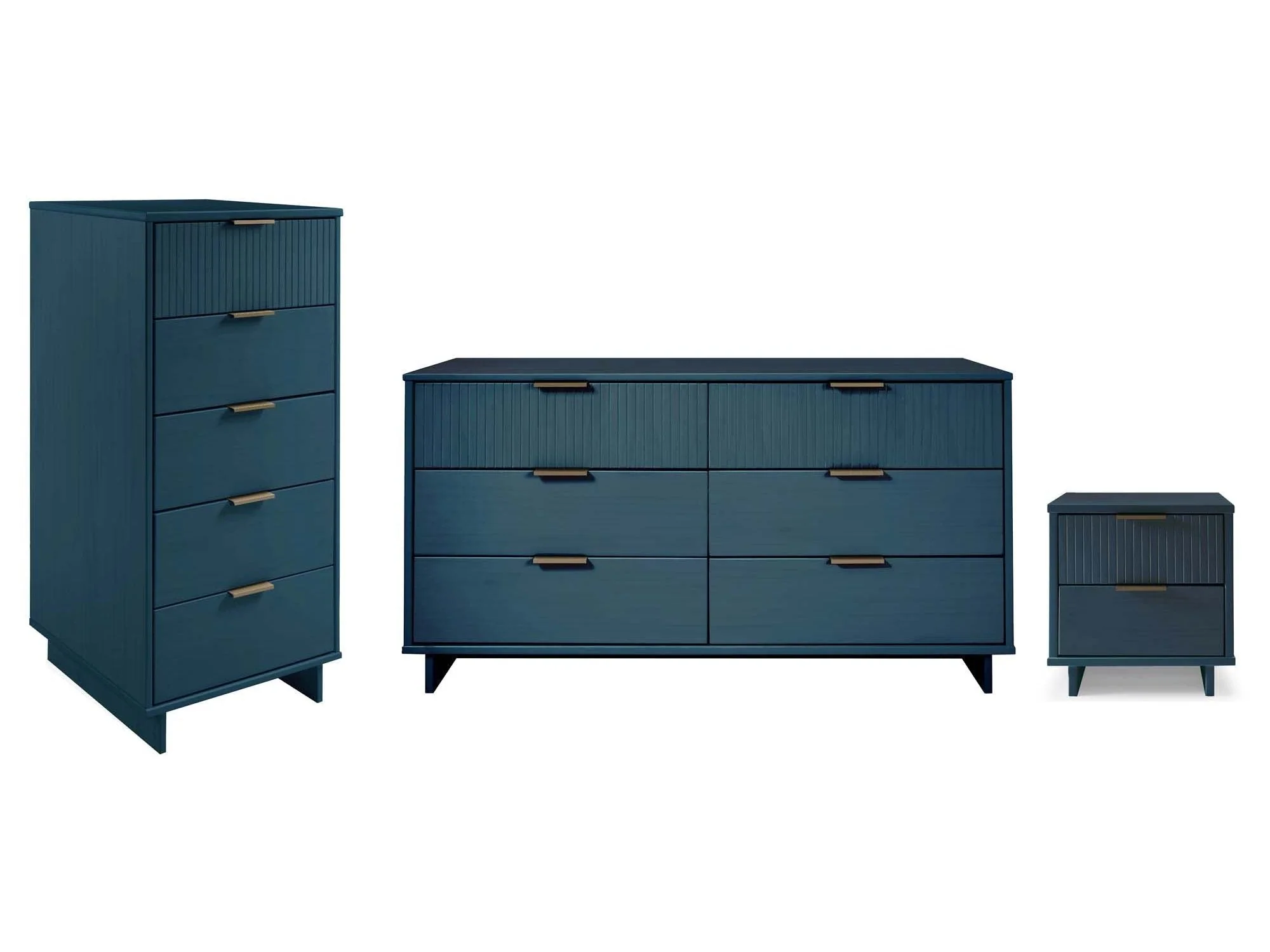 Granville 3-Piece Tall Narrow Chest, Double Dresser and Nightstand Set in Midnight Blue