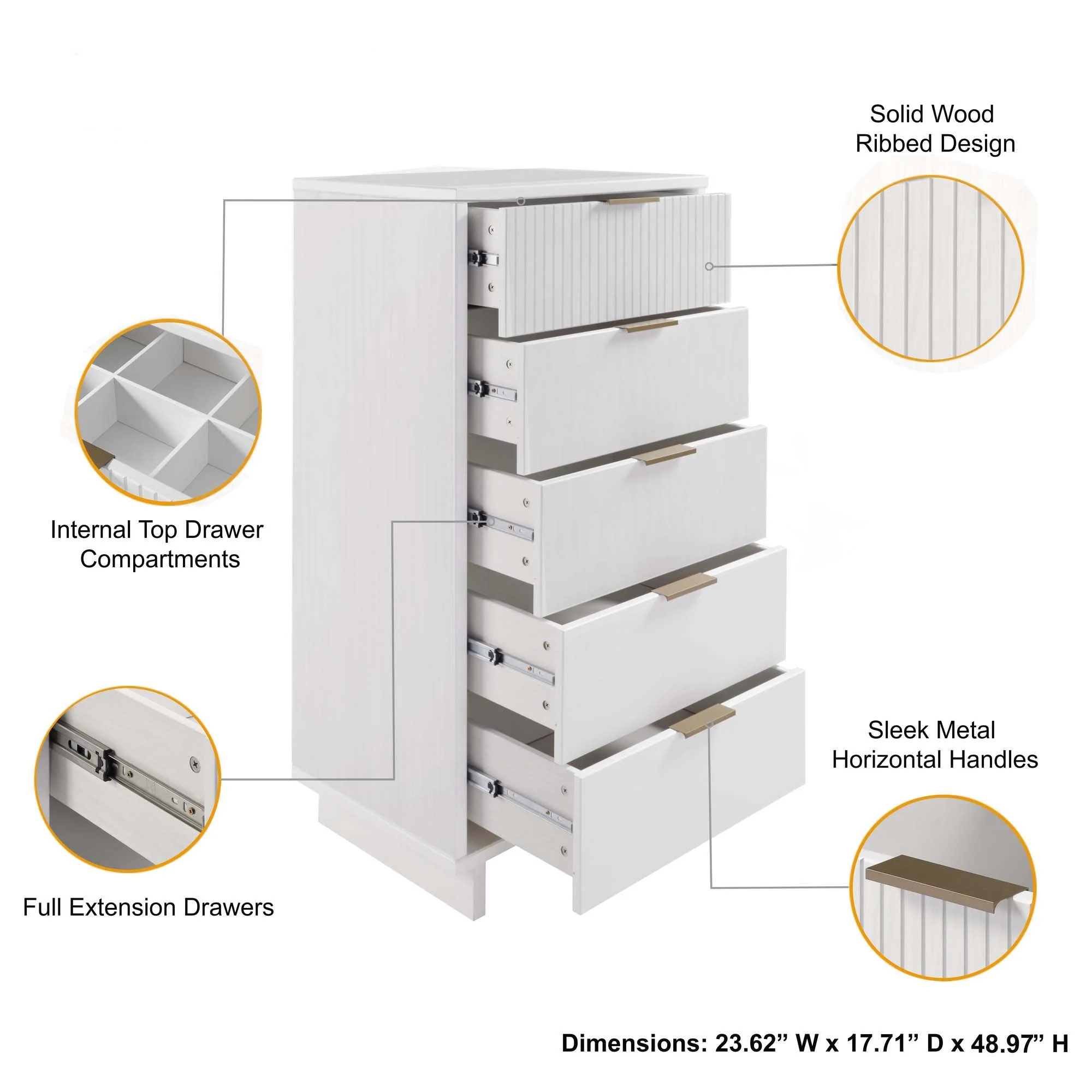 Granville 3-Piece Tall Narrow Chest, Double Dresser and Nightstand Set in White - Image 6