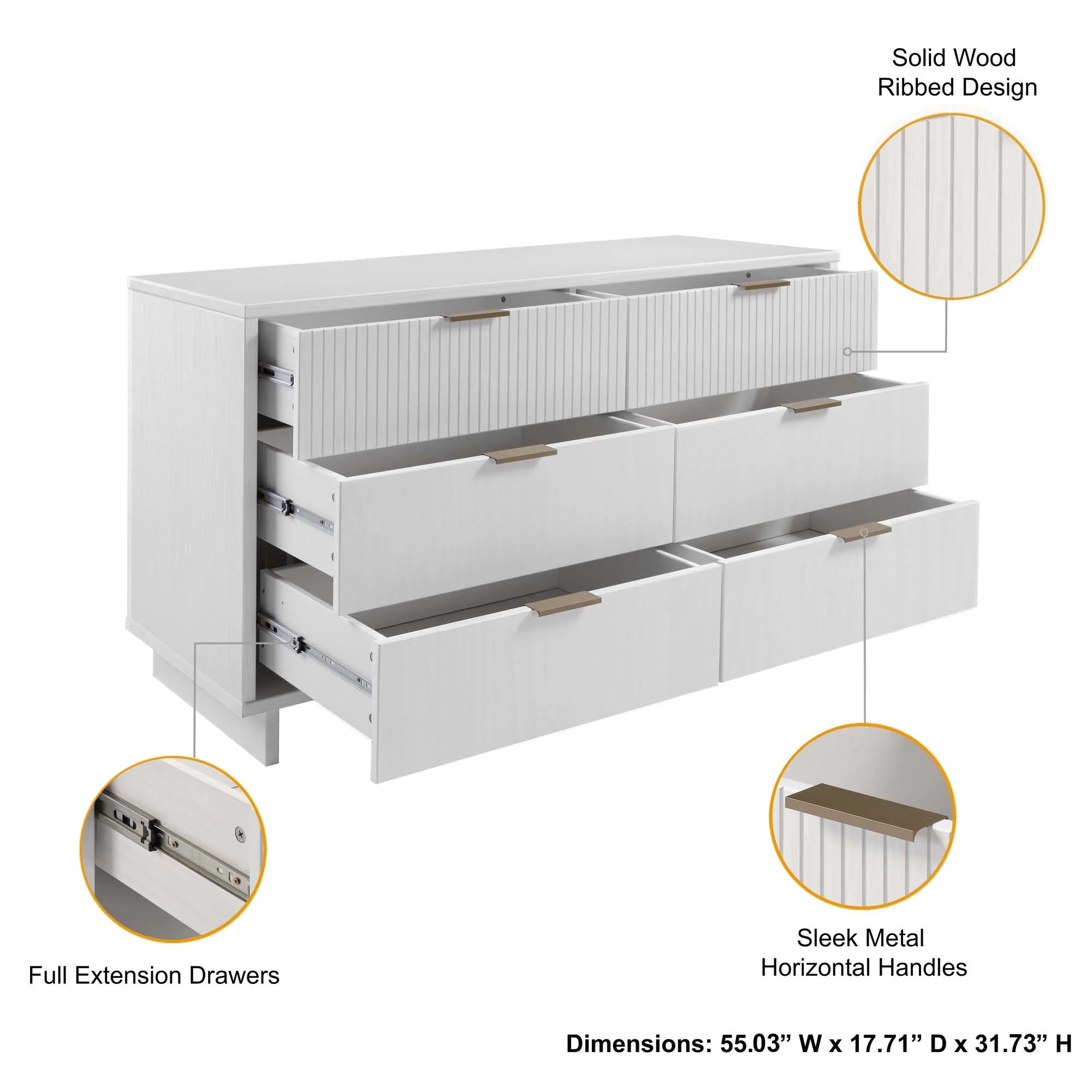 Granville 3-Piece Tall Narrow Chest, Double Dresser and Nightstand Set in White - Image 7