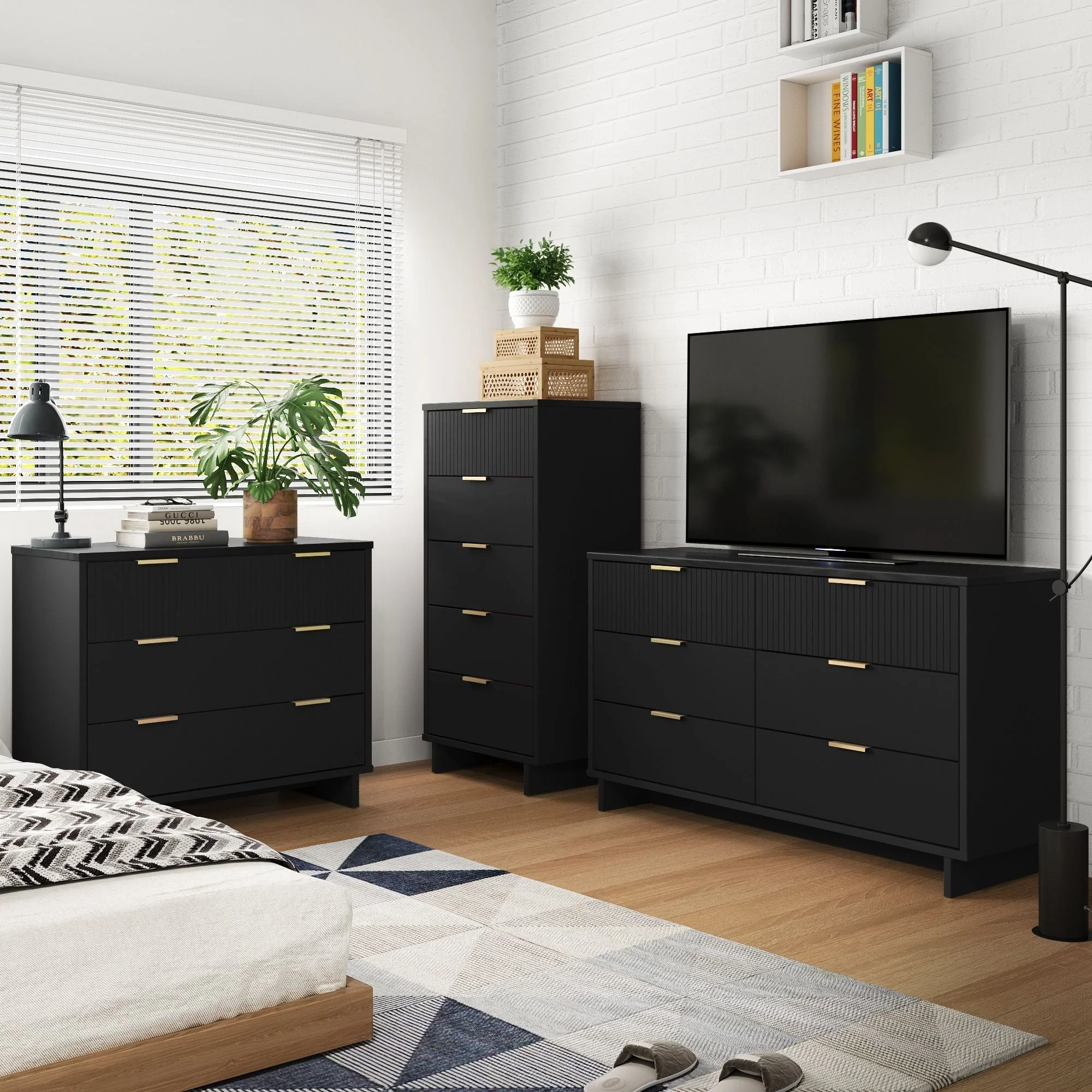 Granville 3-Piece Tall Narrow Chest, Double Dresser Set and Standard Dresser Set in Black - Image 2
