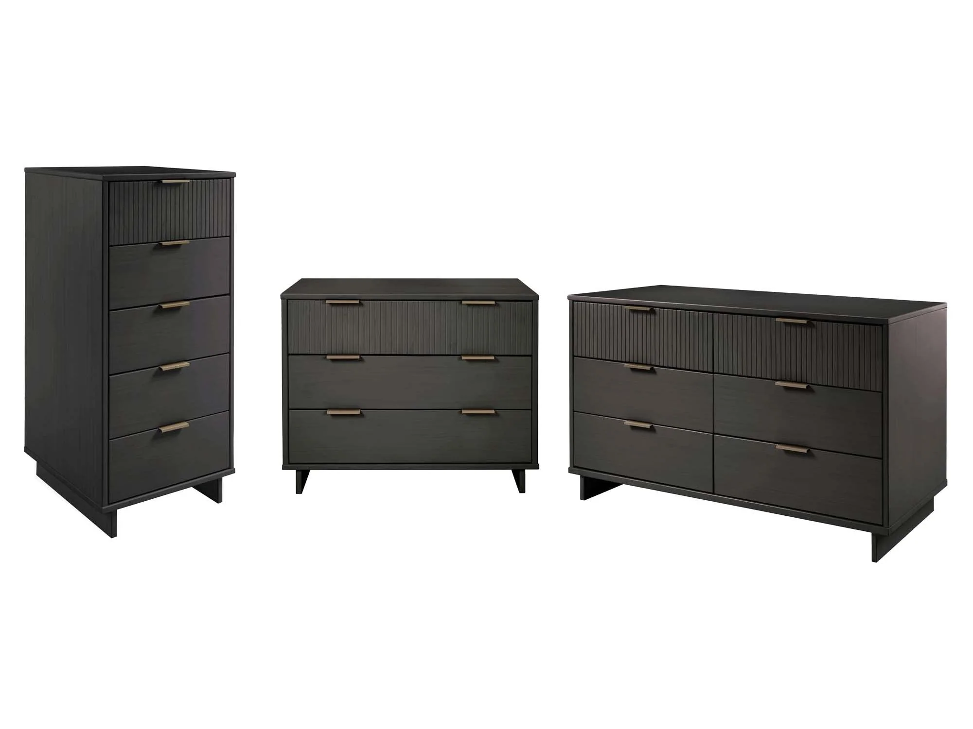 Granville 3-Piece Tall Narrow Chest, Double Dresser Set and Standard Dresser Set in Dark Grey