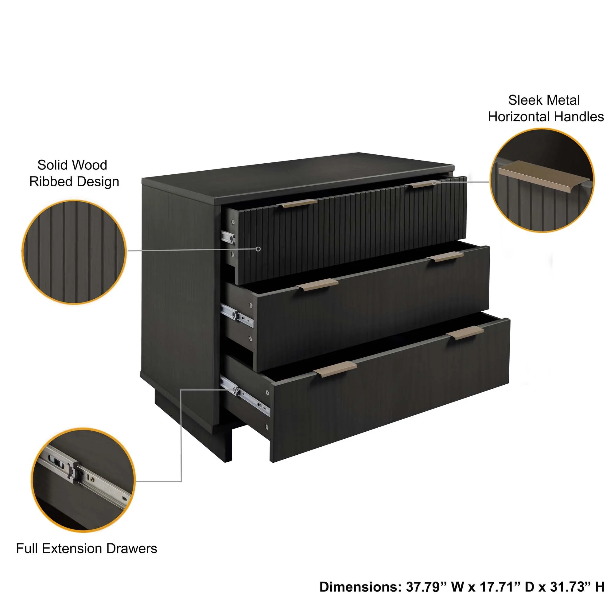 Granville 3-Piece Tall Narrow Chest, Double Dresser Set and Standard Dresser Set in Dark Grey - Image 7