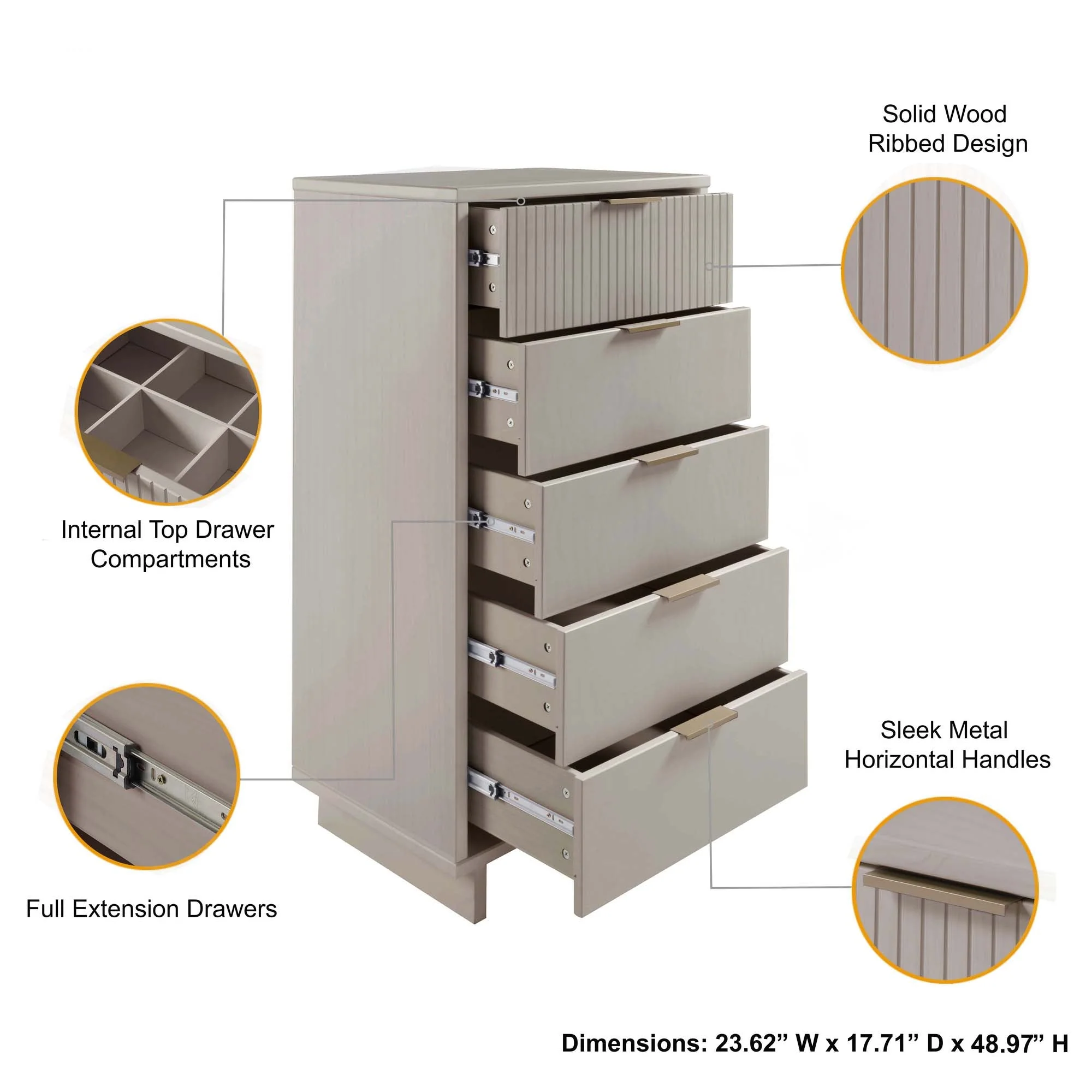 Granville 3-Piece Tall Narrow Chest, Double Dresser Set and Standard Dresser Set in Light Grey - Image 6