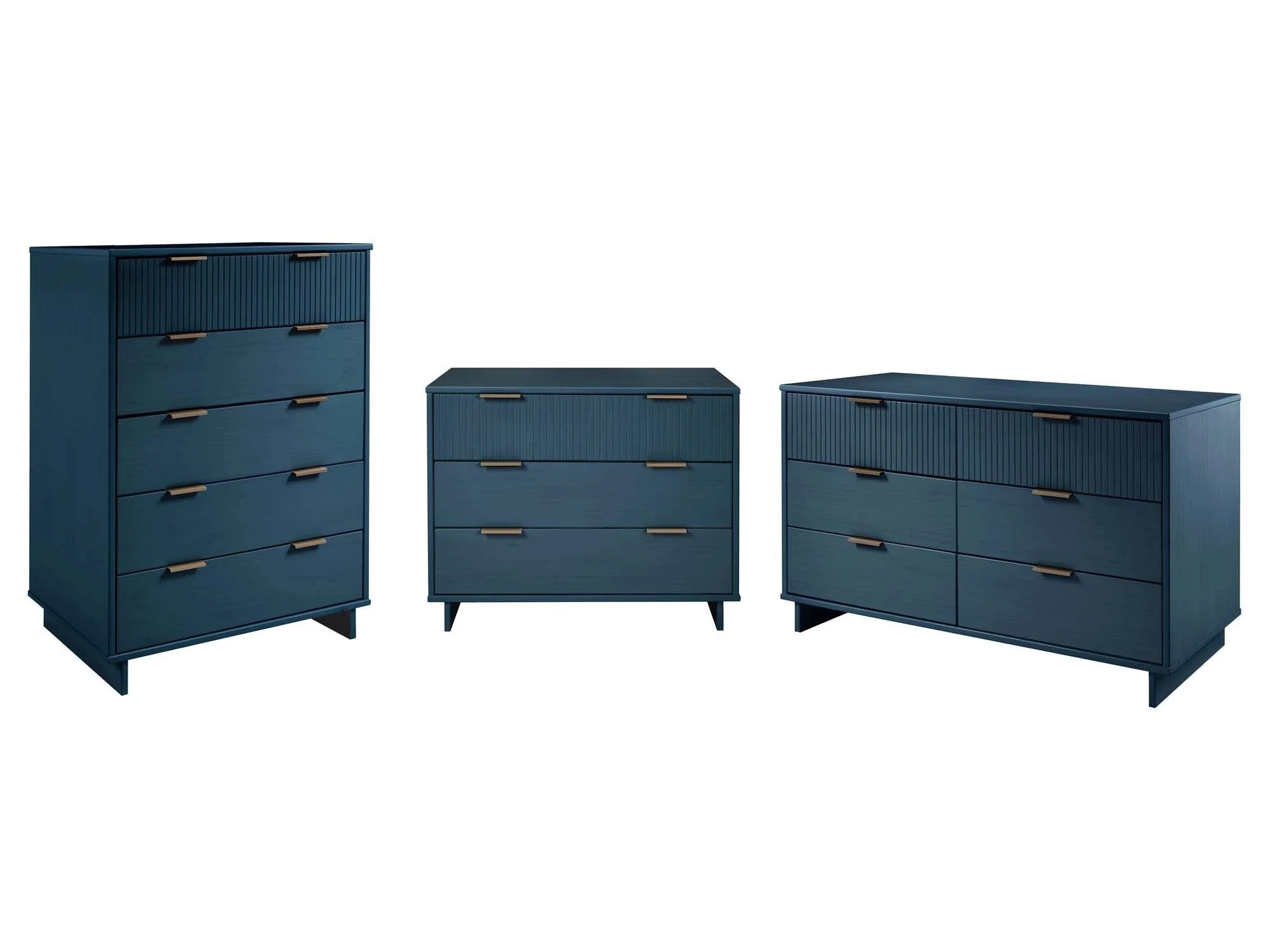 Granville 3-Piece Tall Narrow Chest, Double Dresser Set and Standard Dresser Set in Midnight Blue