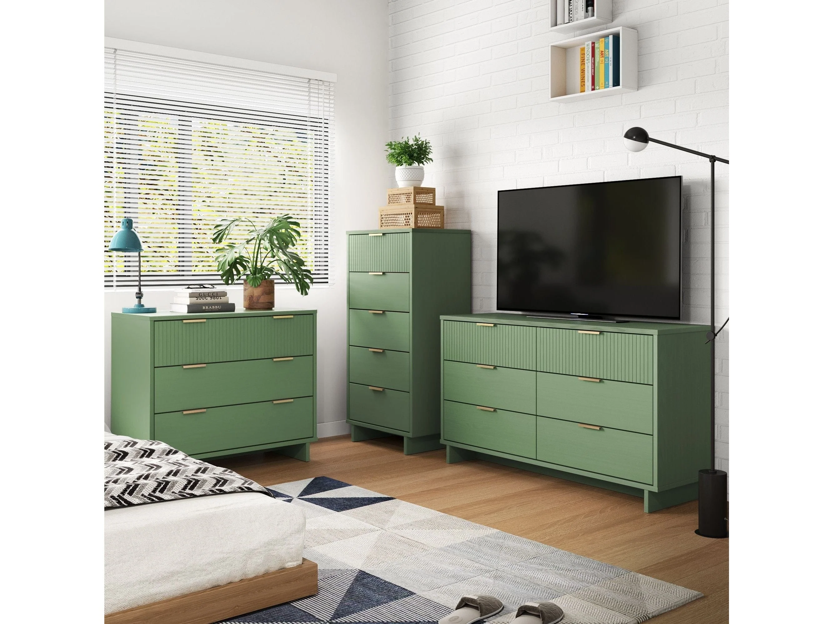 Granville 3-Piece Tall Narrow Chest, Double Dresser Set and Standard Dresser Set in Sage Green