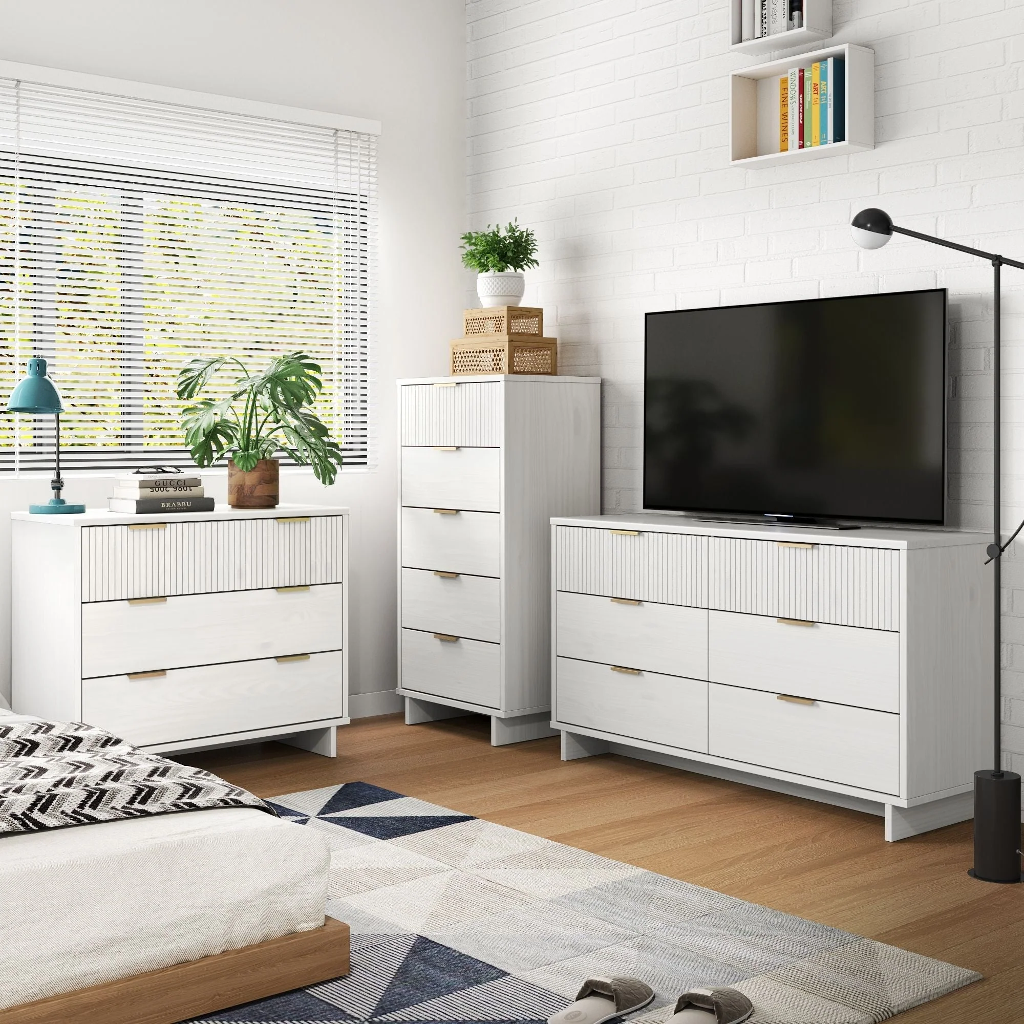 Granville 3-Piece Tall Narrow Chest, Double Dresser Set and Standard Dresser Set in White - Image 2