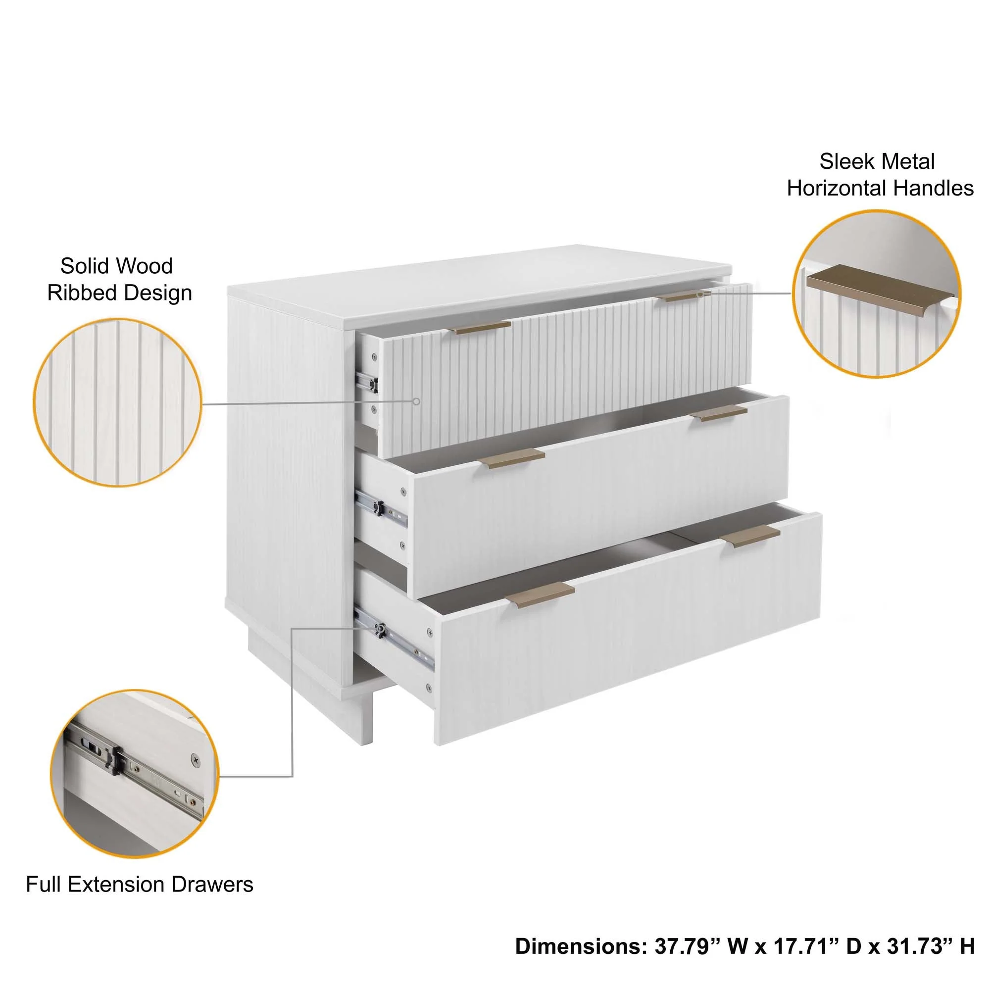 Granville 3-Piece Tall Narrow Chest, Double Dresser Set and Standard Dresser Set in White - Image 7