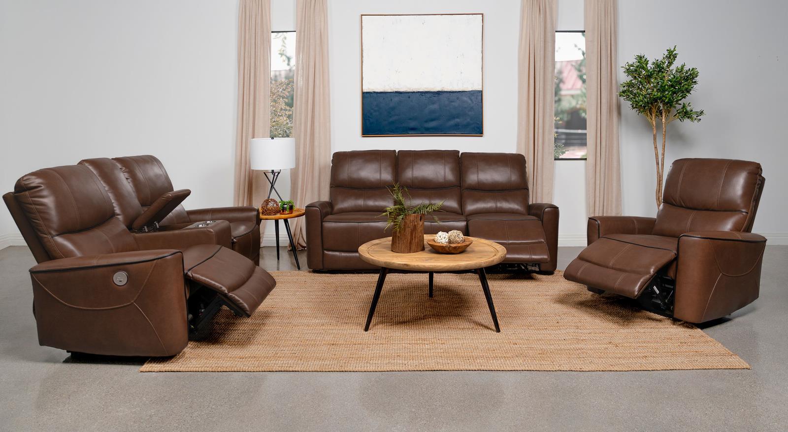Greenfield Saddle Brown Upholstered Power Reclining Loveseat with Console - Image 10