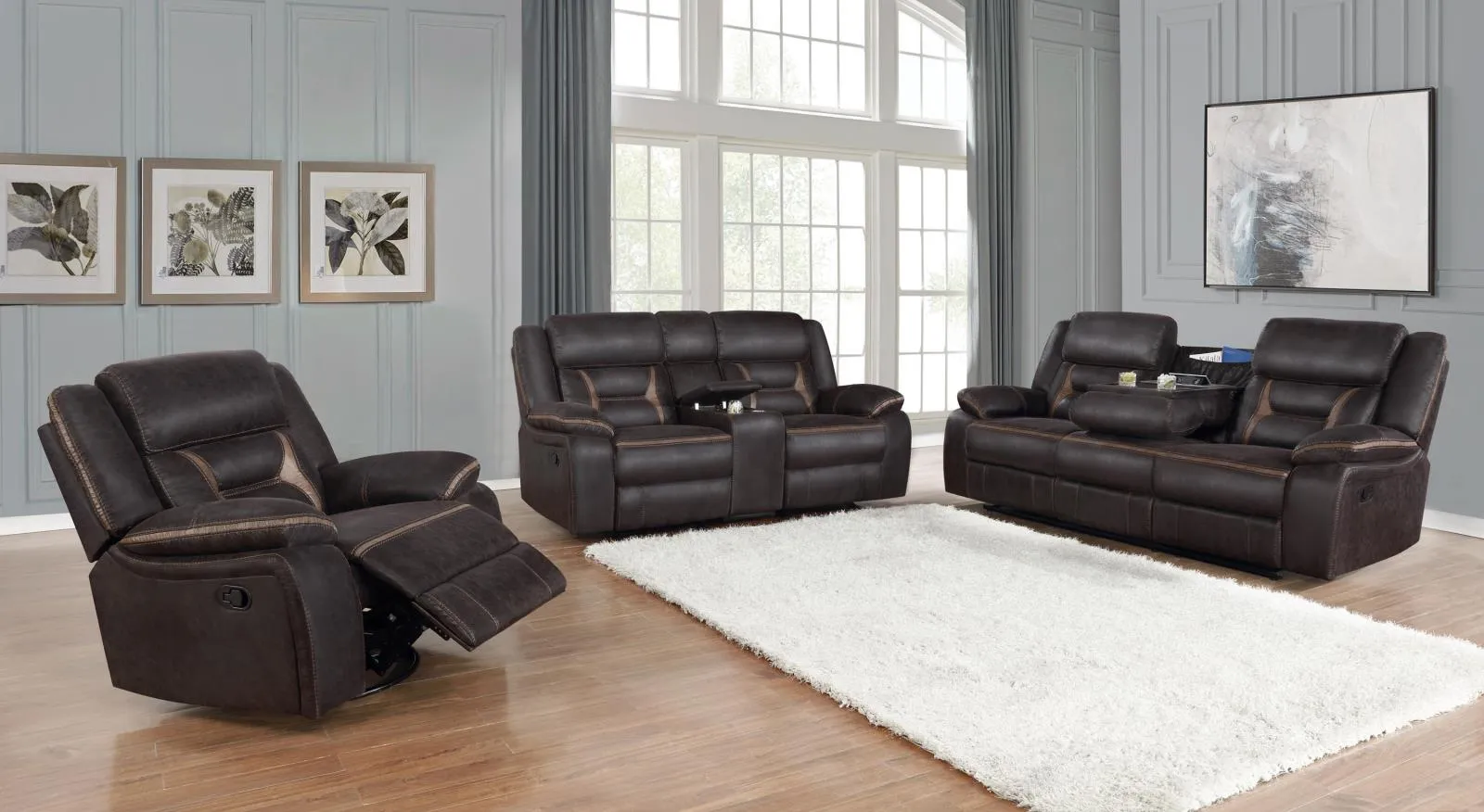 Greer Dark Brown Upholstered Tufted Reclining Living Room Set - Image 2