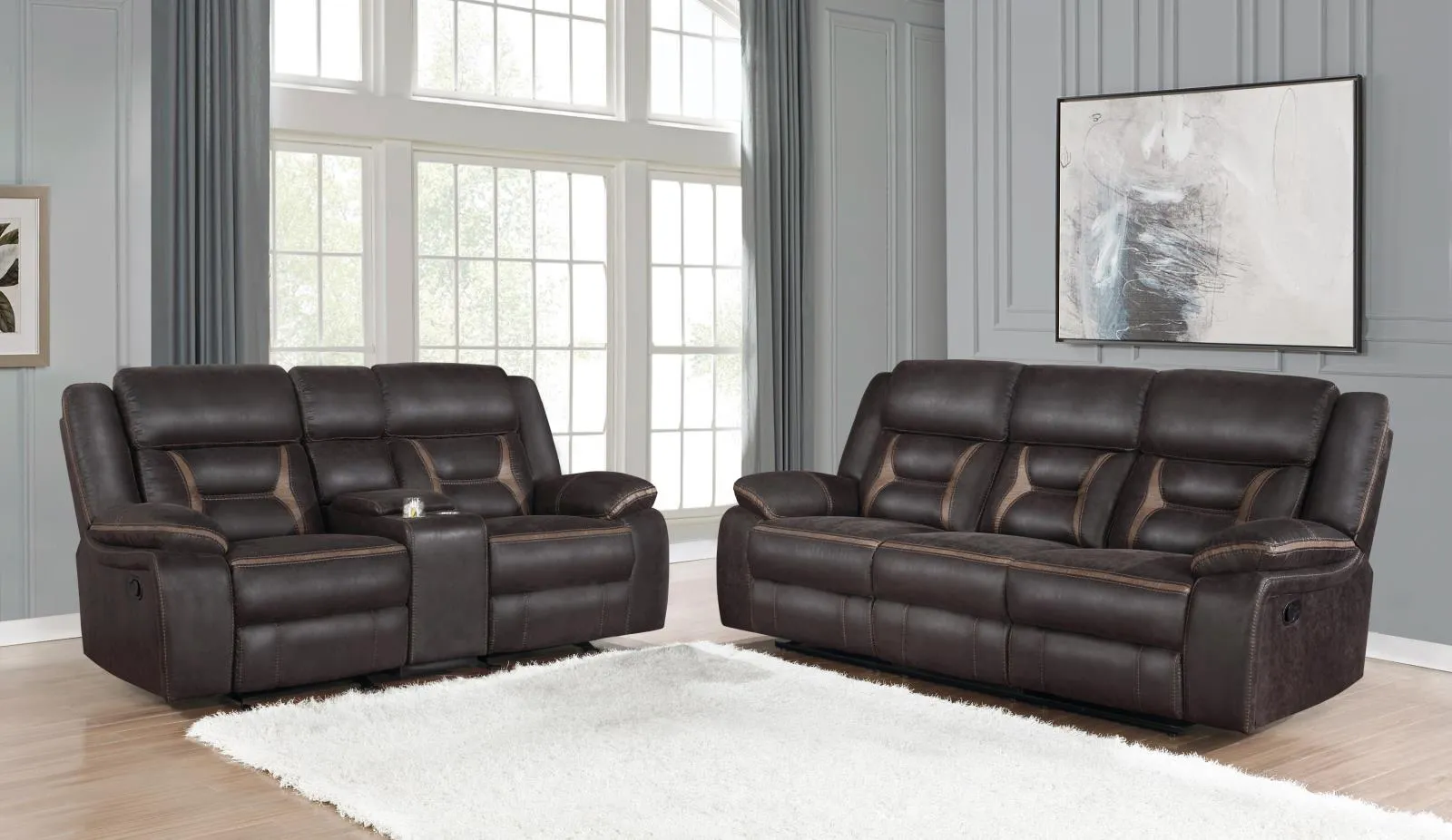 Greer Dark Brown Upholstered Tufted Reclining Living Room Set - Image 3