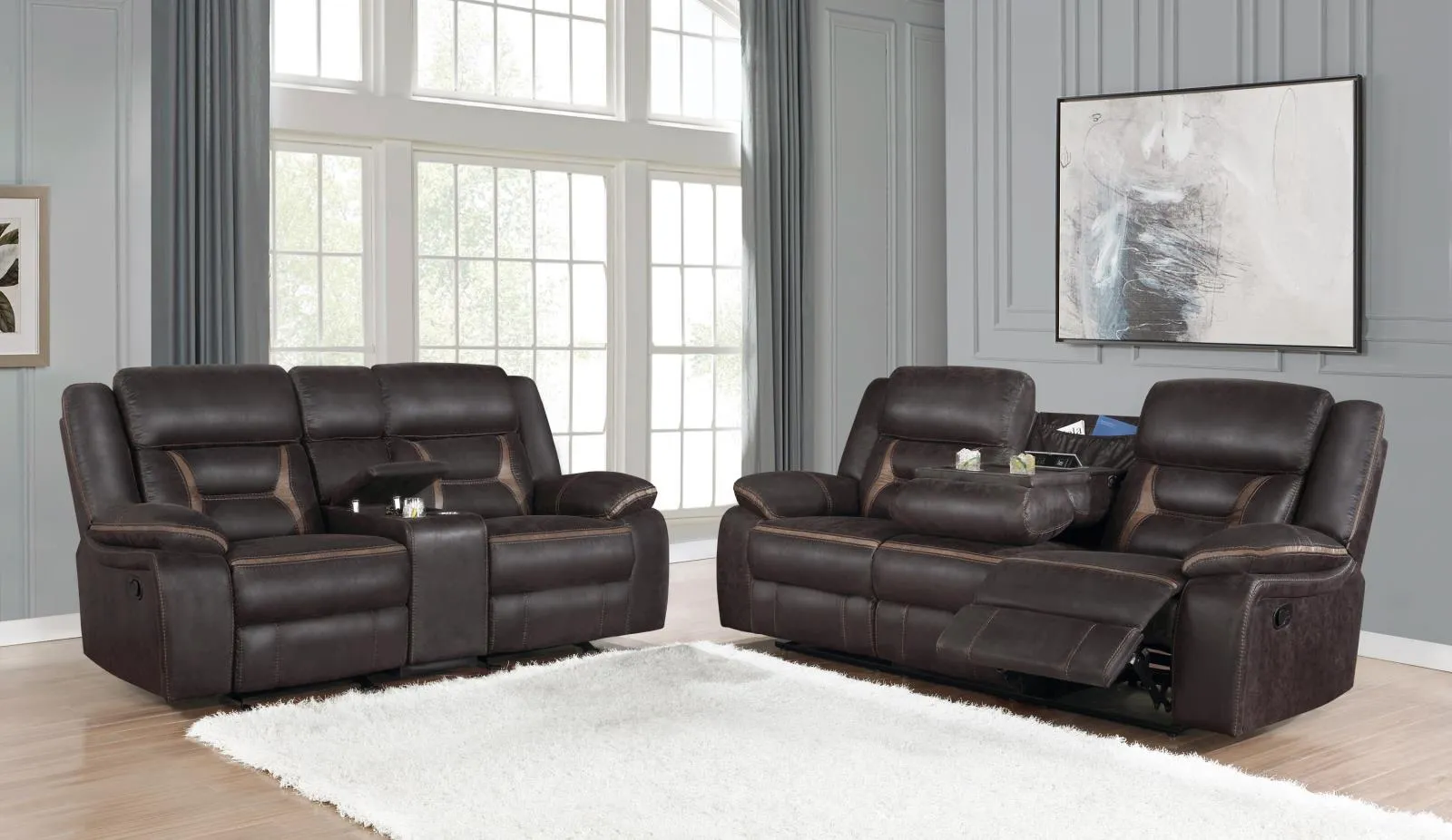 Greer Dark Brown Upholstered Tufted Reclining Living Room Set - Image 4