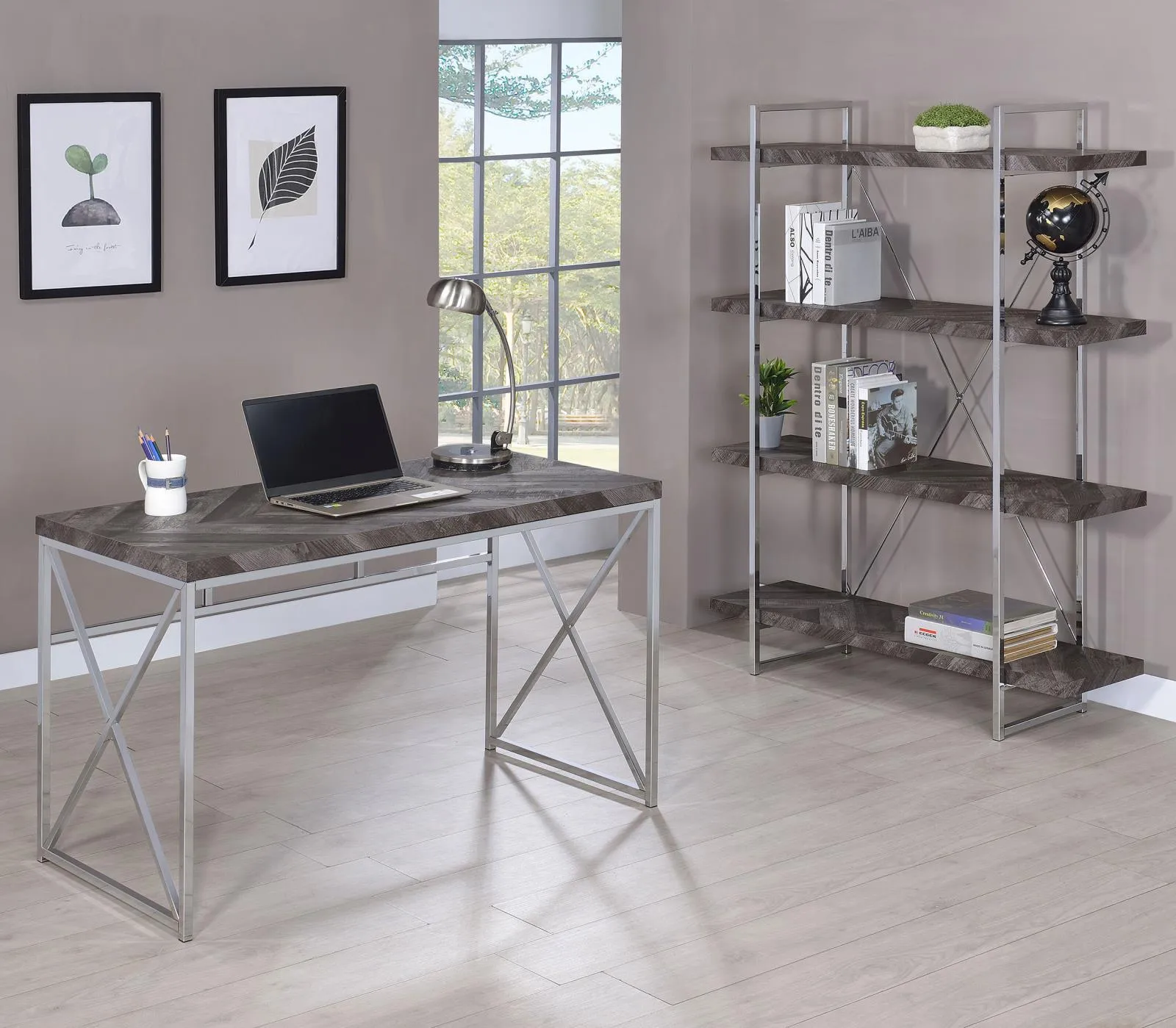 Grimma Rustic Gray Herringbone 4-Shelf Bookcase - Image 12