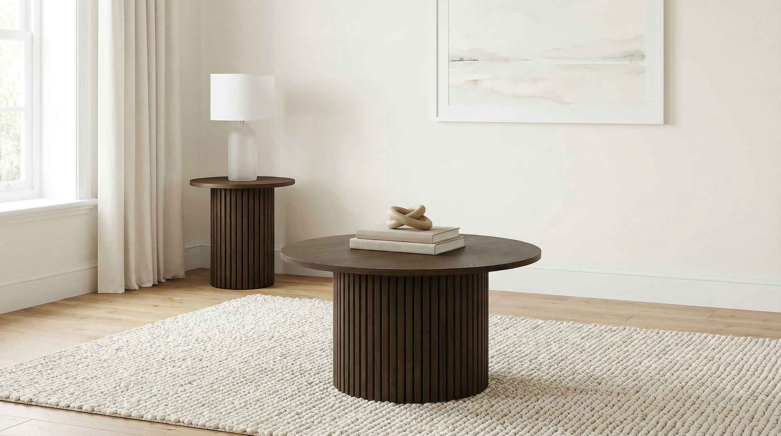 Hamlyn Walnut 2-piece Round Fluted Coffee and End Table Set