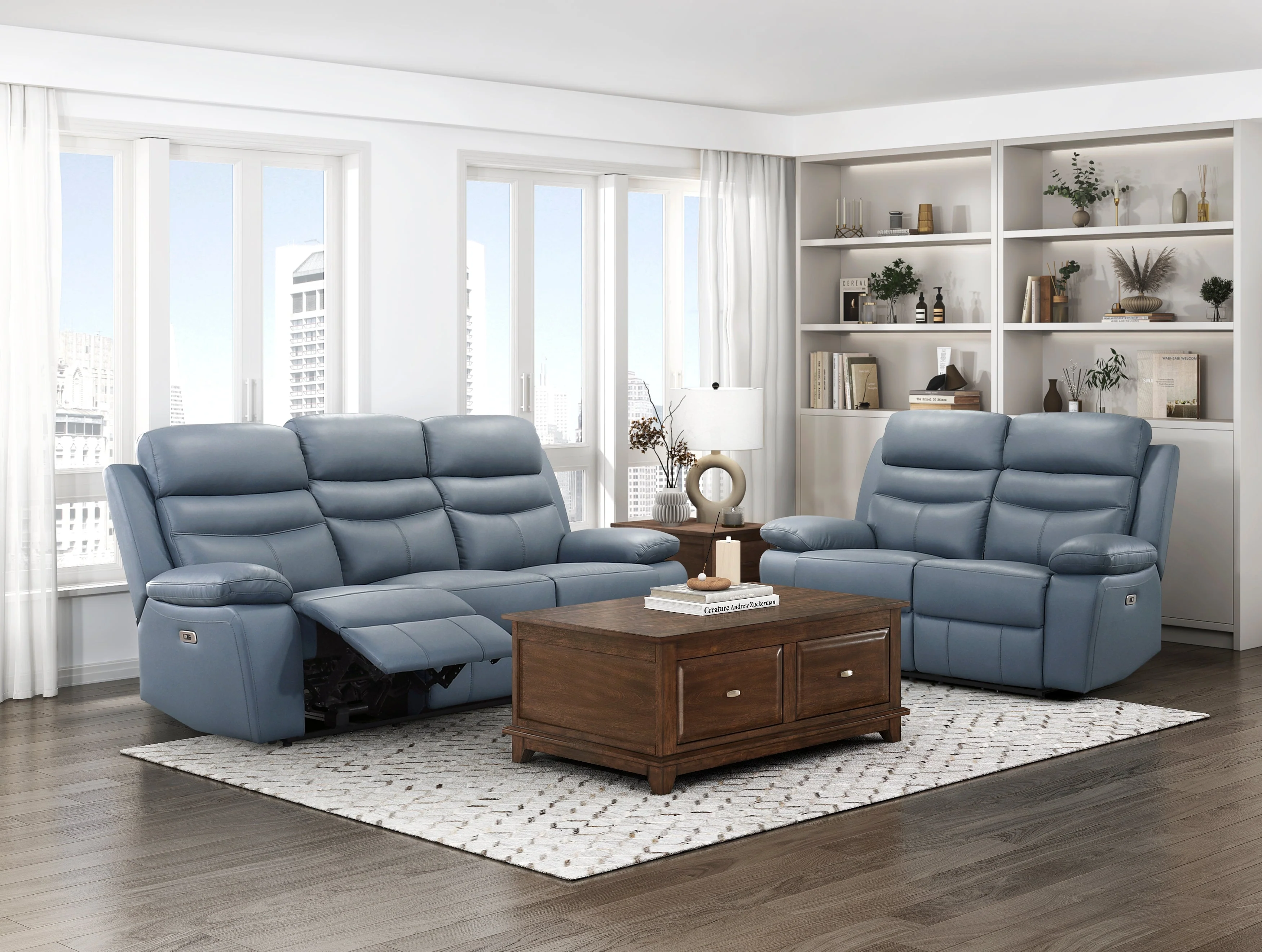 Hancock Blue Leather Power Double Reclining Living Room Set - Image 2