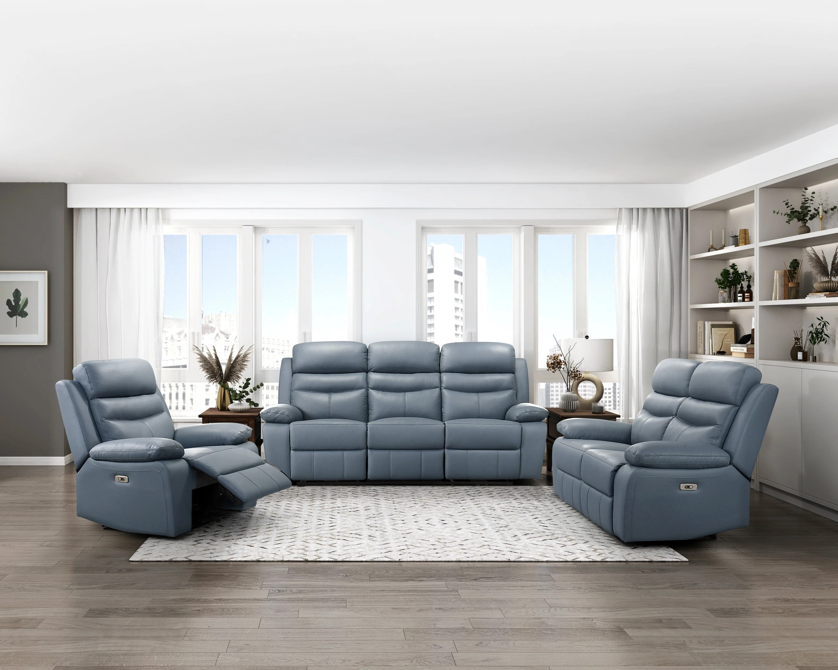 Hancock Blue Leather Power Double Reclining Sofa - Image 6