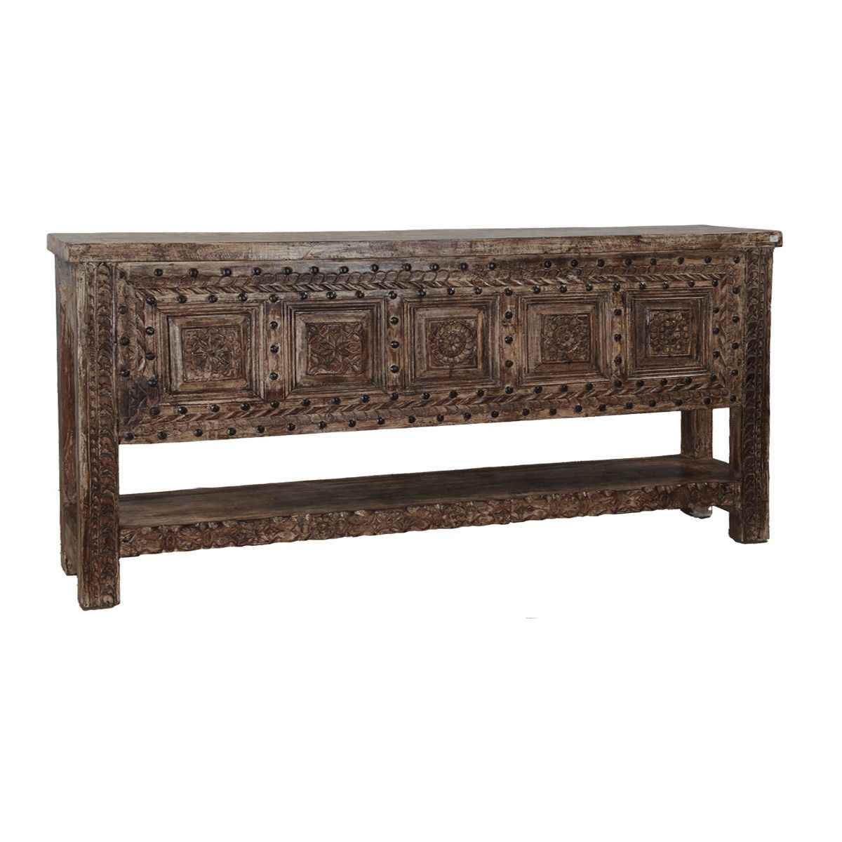 Hand Carved Wooden Door Console Table With Shelf