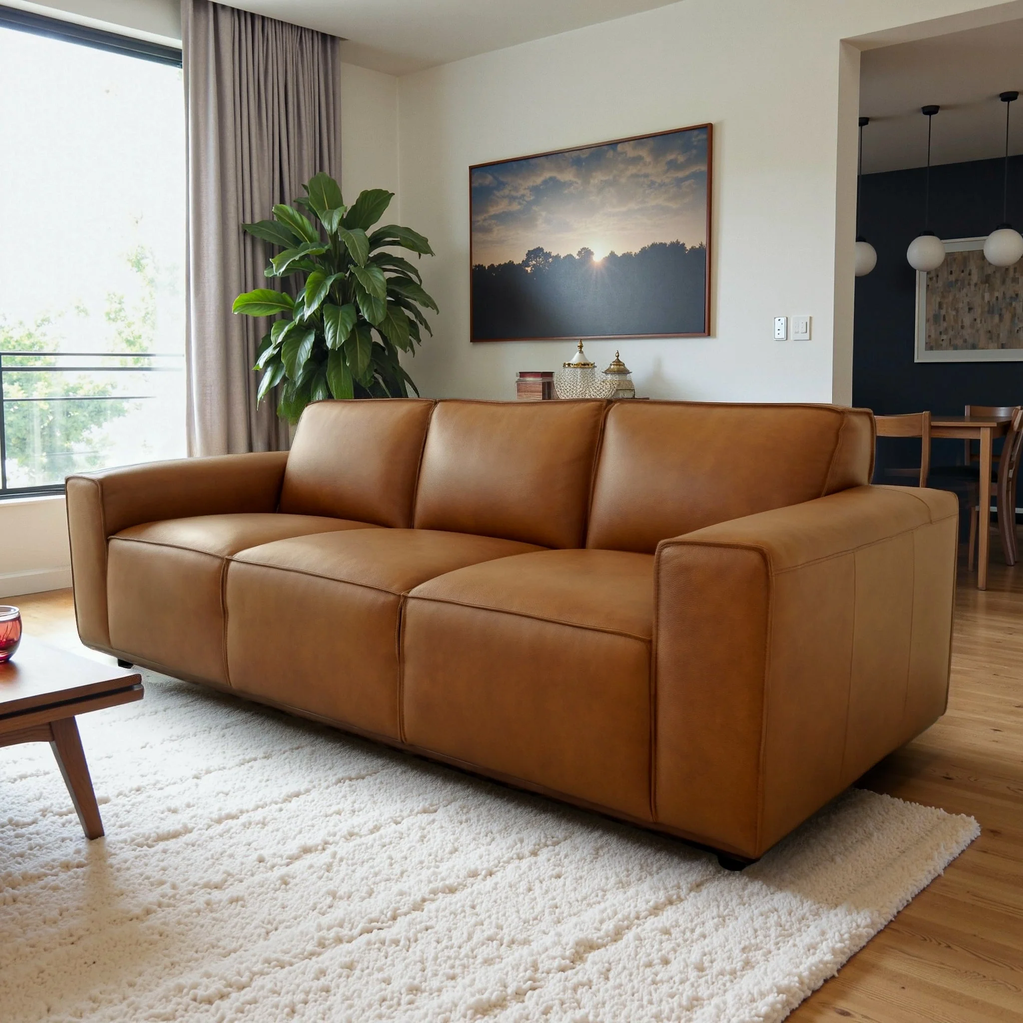 Hanky Mid-Century Modern Genuine Tan Leather Sofa - Image 2