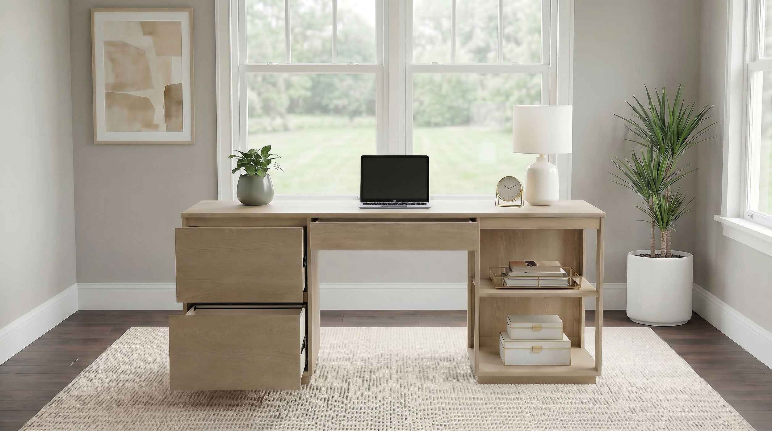Harkes Light Elm 75-inch 3-drawer Computer Desk with Adjustable Shelf - Image 2