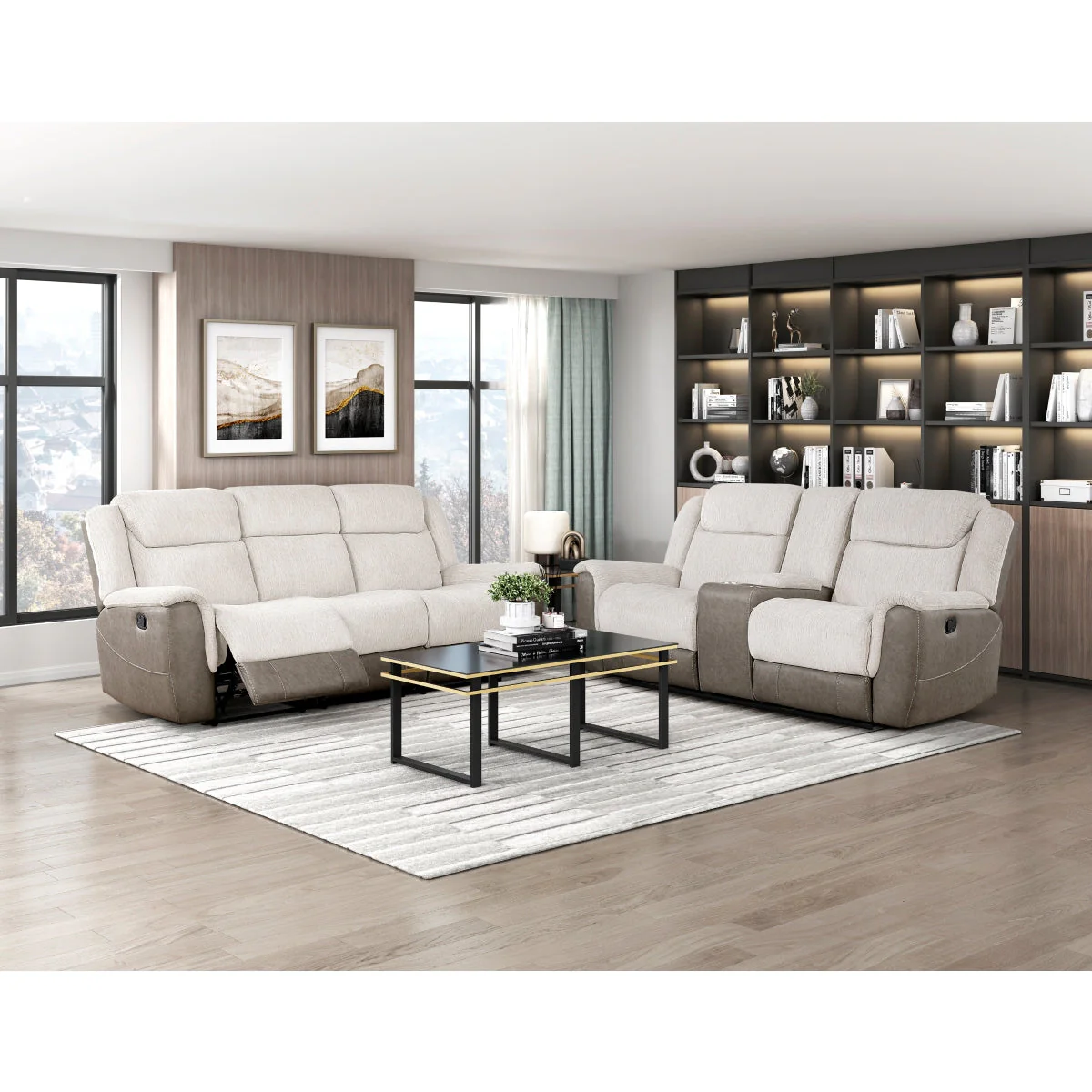 Harriette Beige/Brown Double Reclining Loveseat with Center Console - Image 2