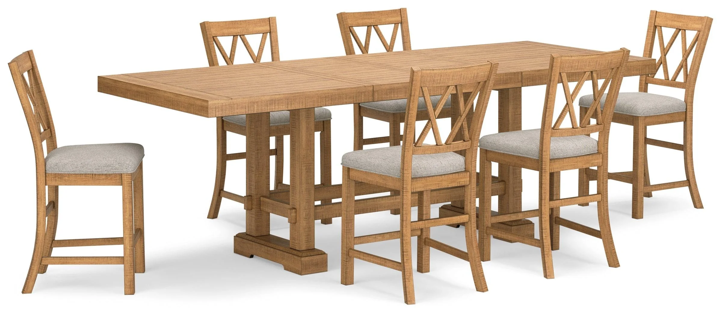 Havonplane Light Brown Pine Counter Height Dining Table and 6 Barstools