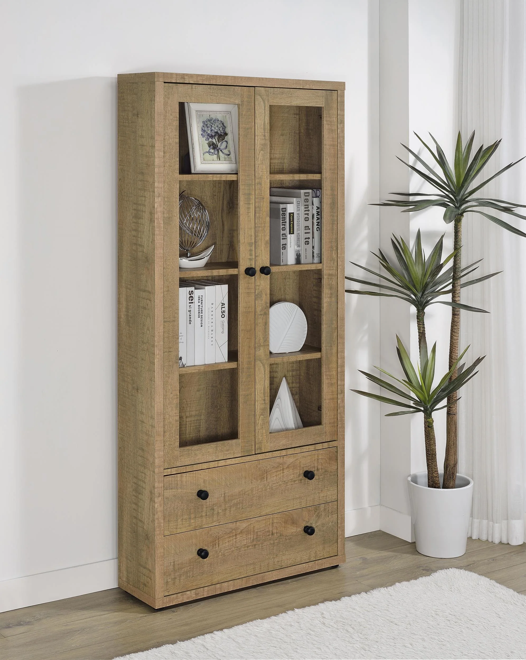 Hawthorne Mango 4-Shelf Glass Door Tall Cabinet with Drawers