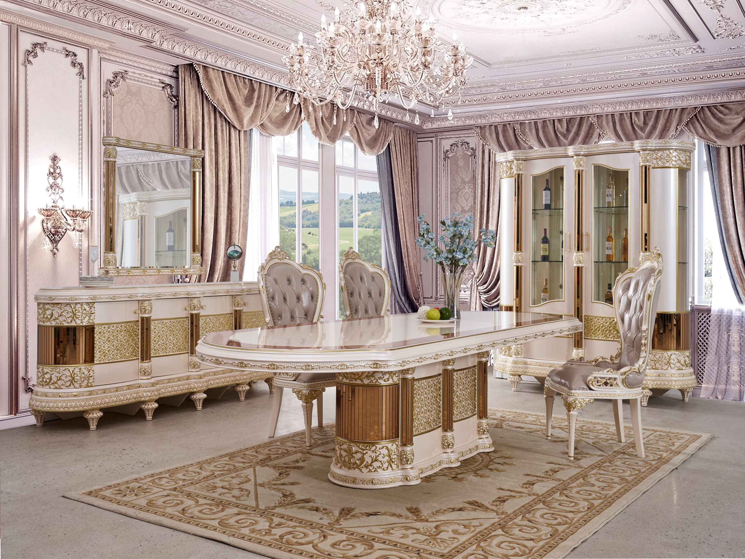 HD-9022 Antique Ivory/Cherry Inset/Gold Trim Dining Table - Image 6